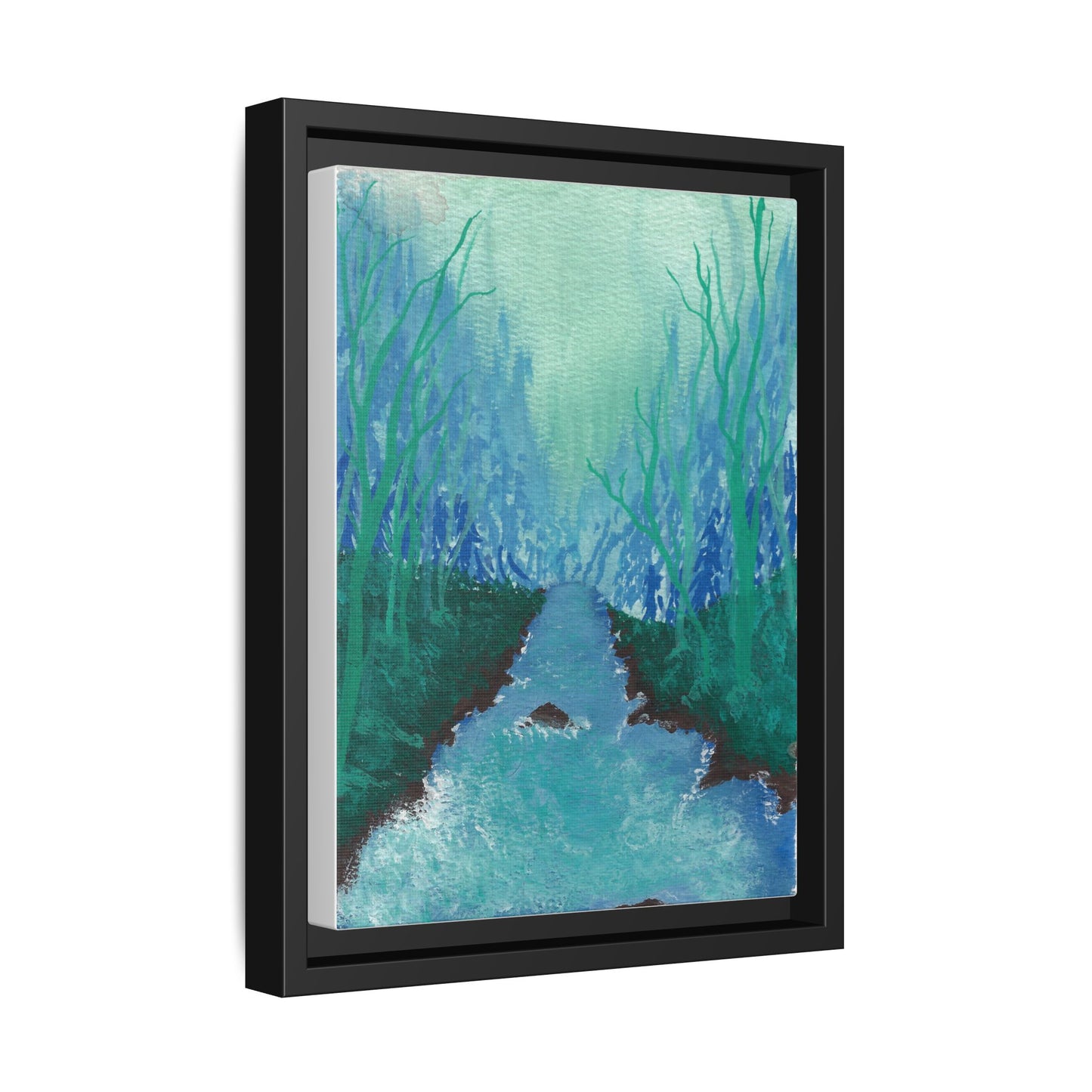 Framed Matte Canvas — Teal Forest River Landscape Wall Art