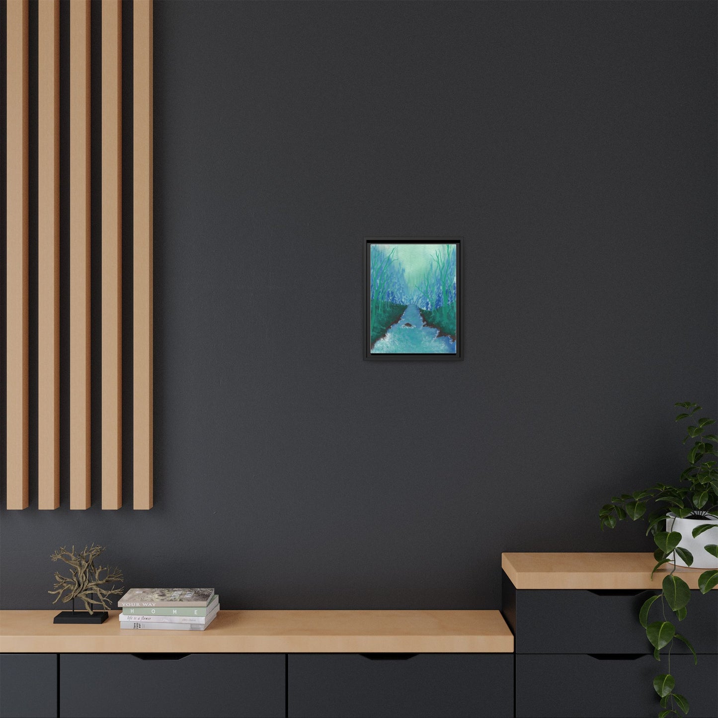 Framed Matte Canvas — Teal Forest River Landscape Wall Art