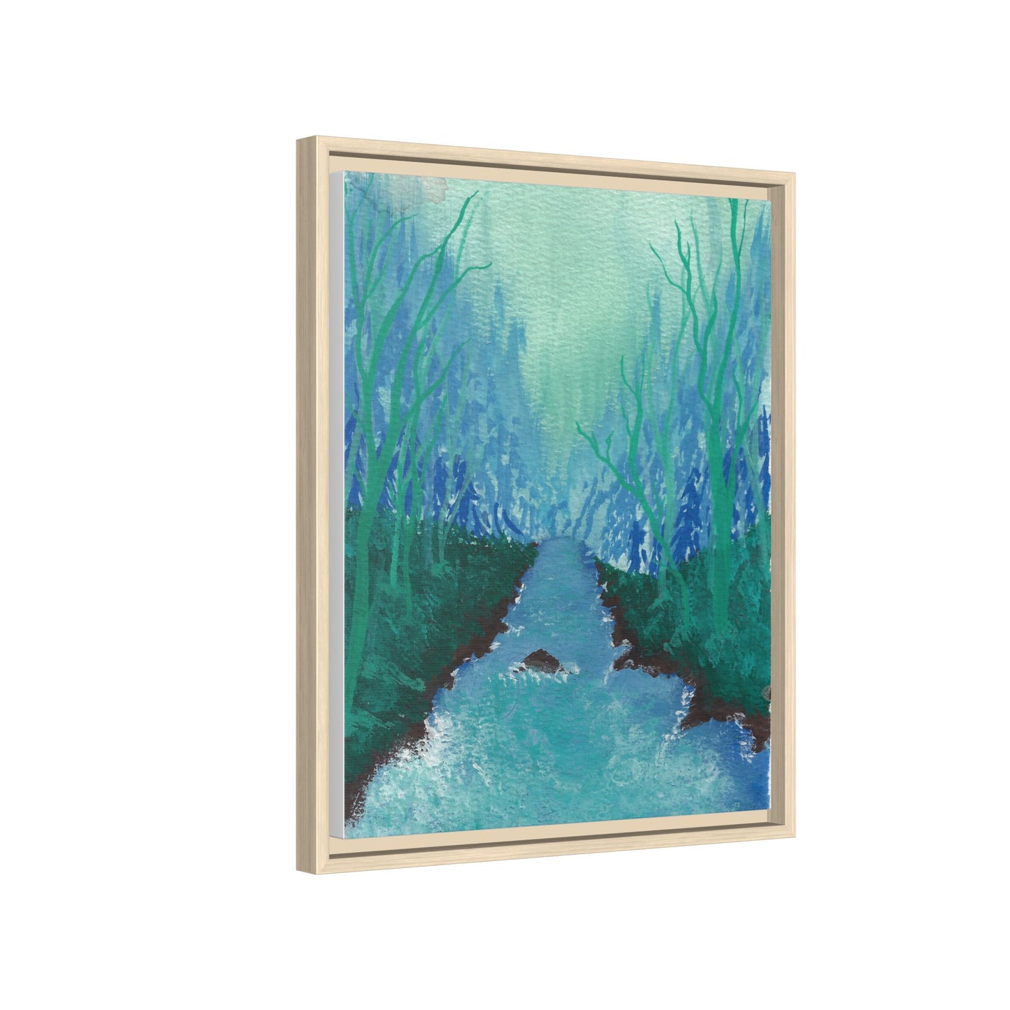Framed Matte Canvas — Teal Forest River Landscape Wall Art
