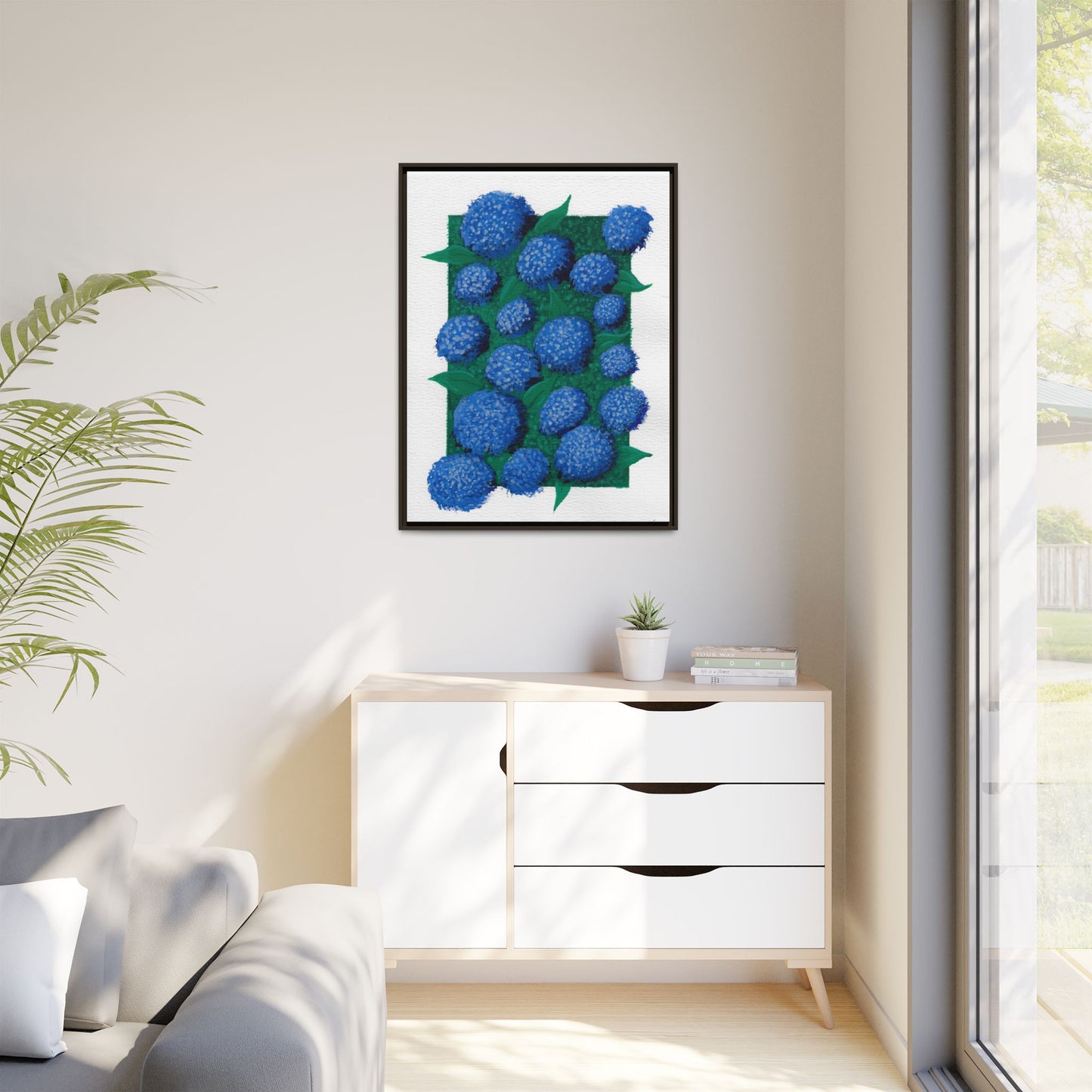 Framed Hydrangea Matte Canvas Print — Blue Floral Wall Art