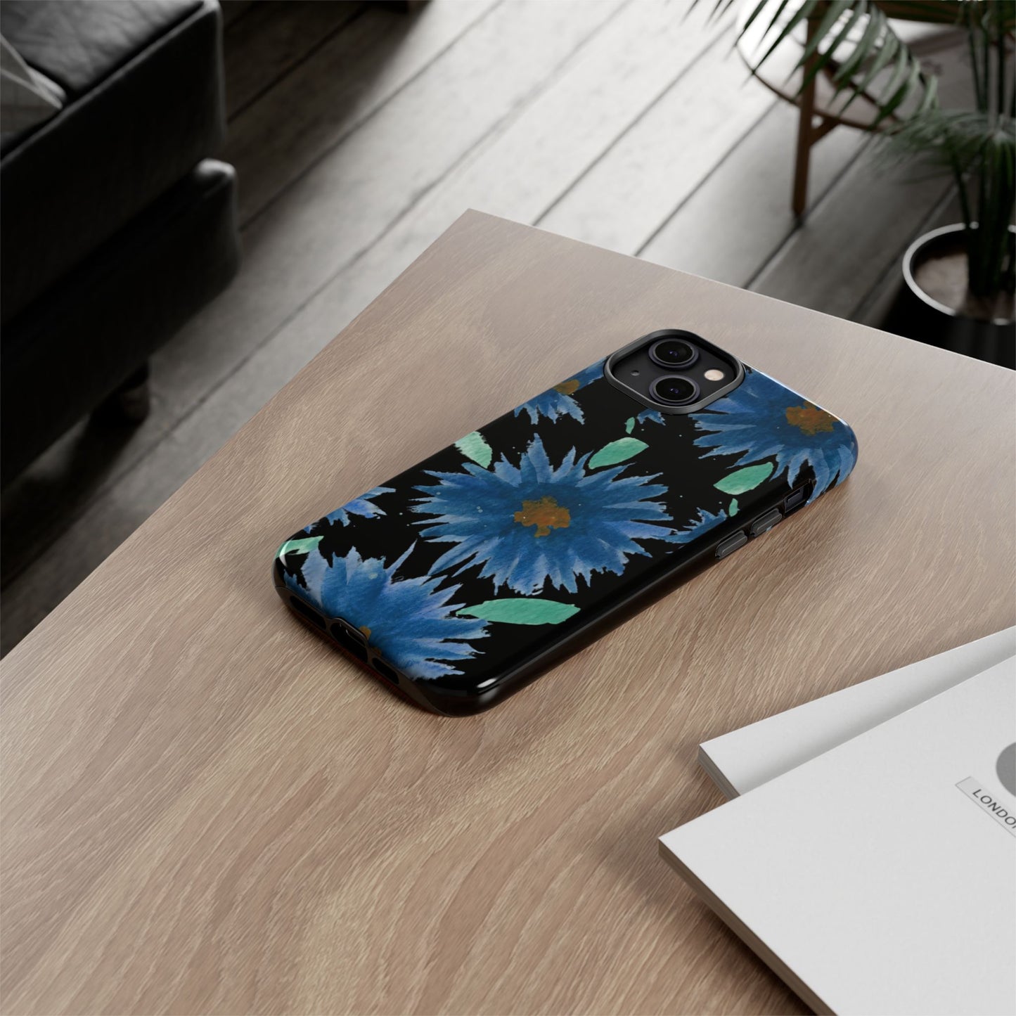 Blue Floral Tough Phone Case – Watercolor Daisy Protective Cover