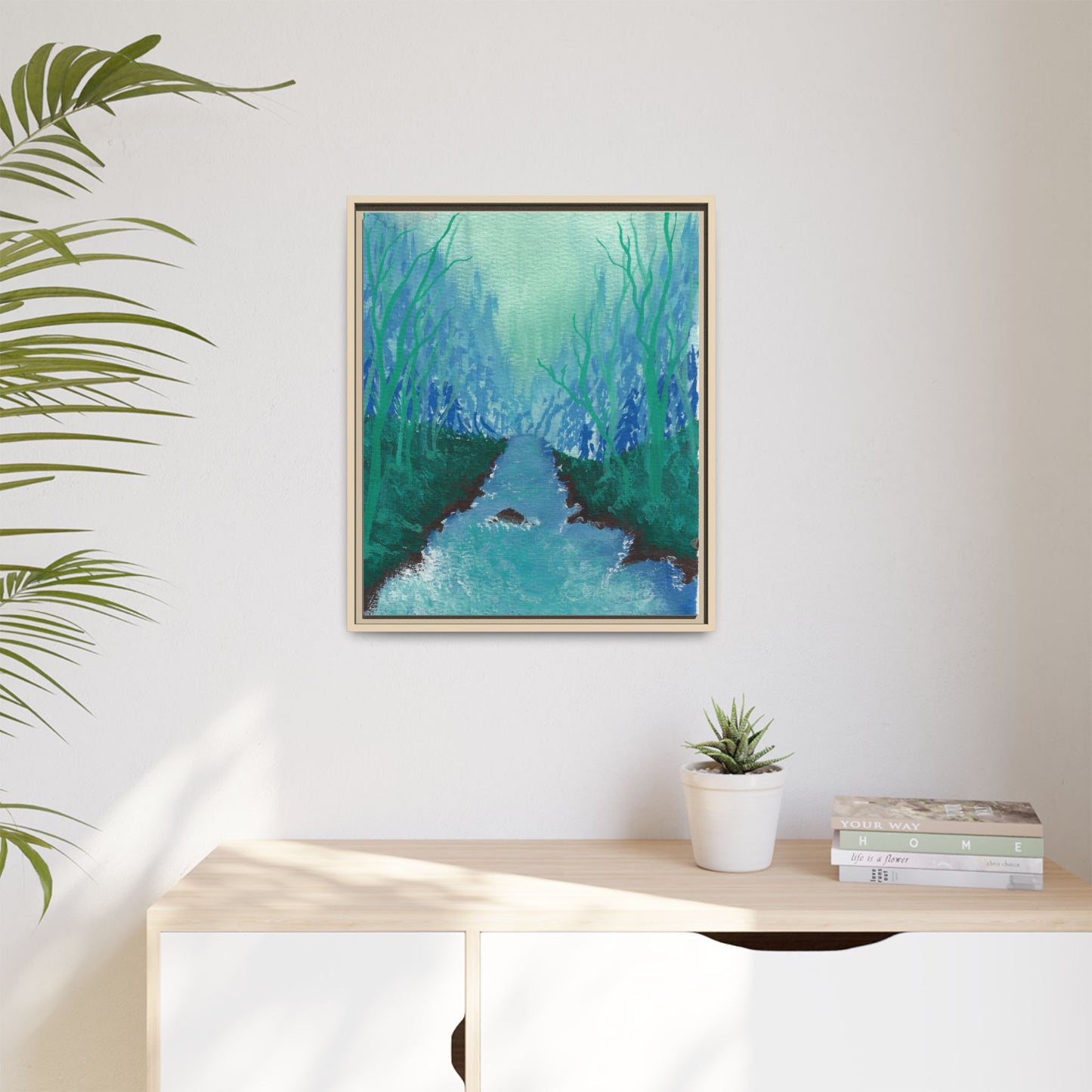Framed Matte Canvas — Teal Forest River Landscape Wall Art