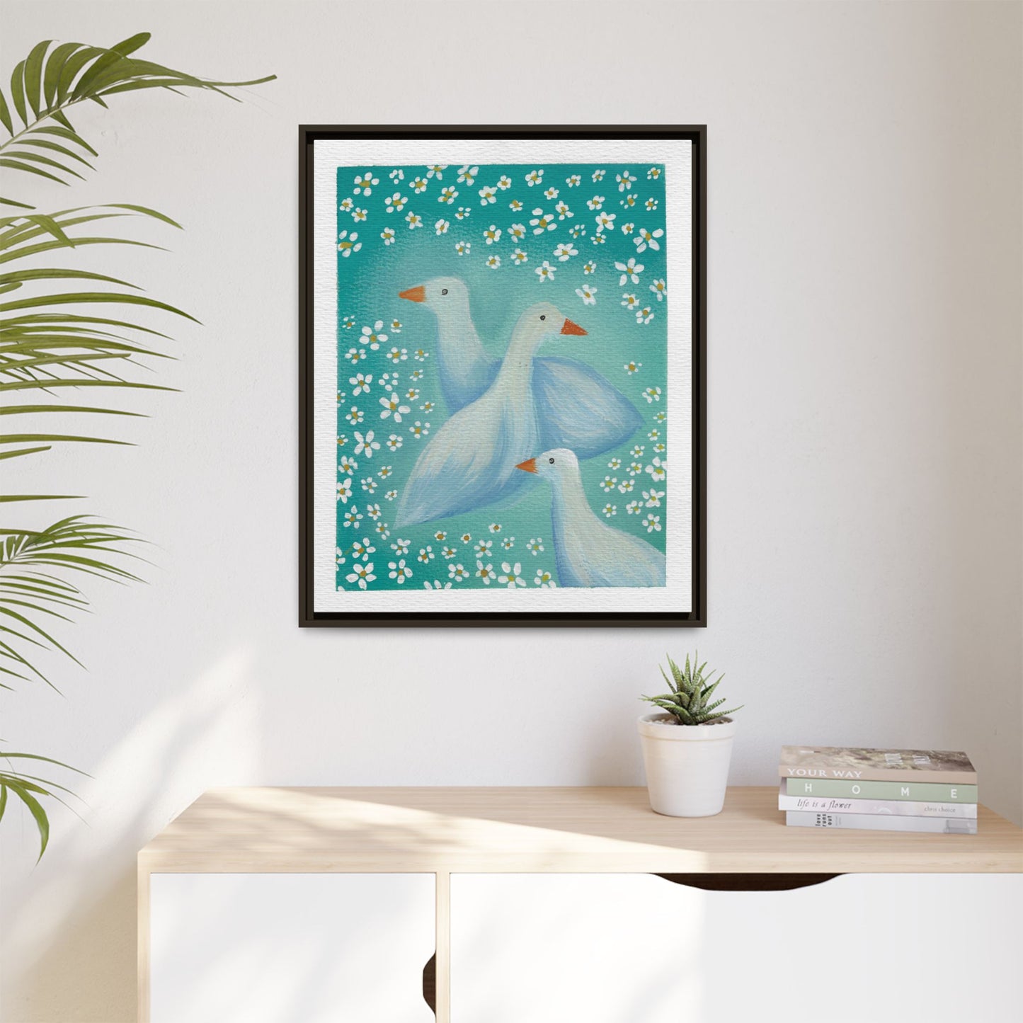 Framed Goose Canvas Print — Whimsical Floral Waterfowl Wall Art