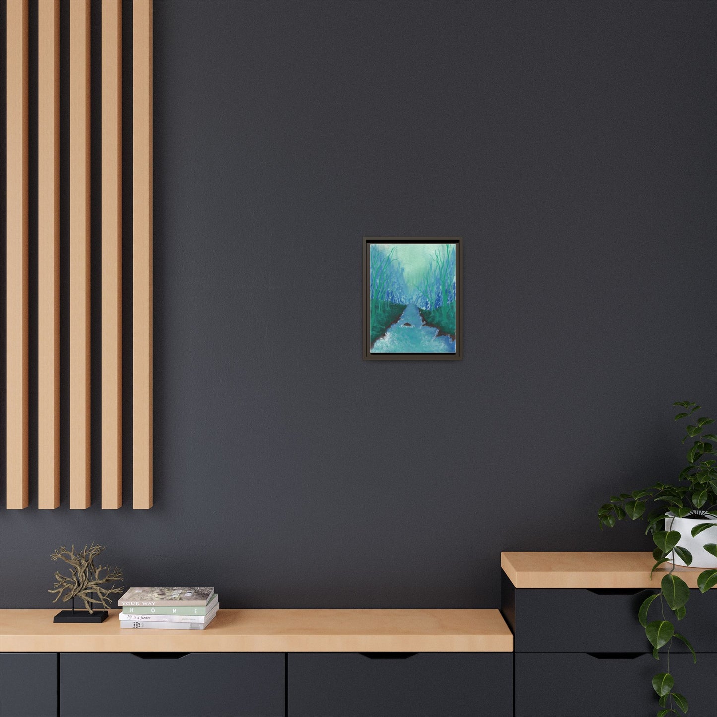 Framed Matte Canvas — Teal Forest River Landscape Wall Art