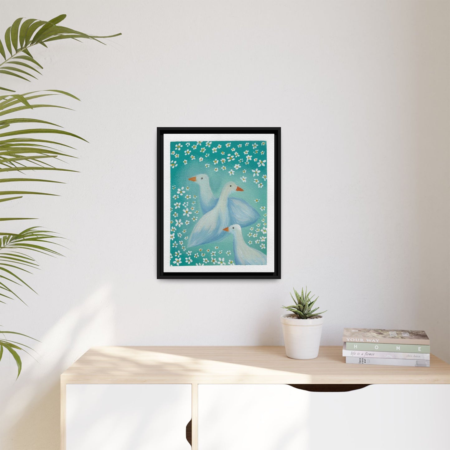 Framed Goose Canvas Print — Whimsical Floral Waterfowl Wall Art
