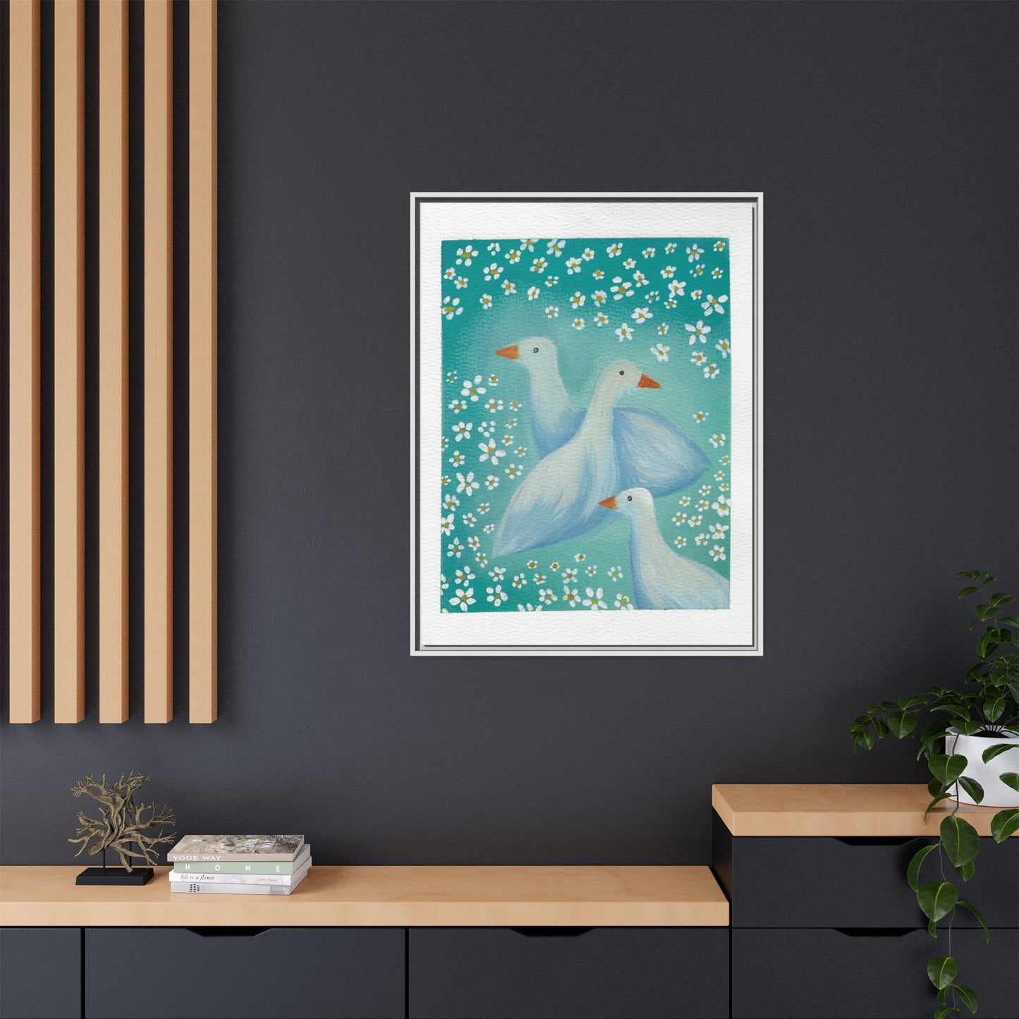 Framed Goose Canvas Print — Whimsical Floral Waterfowl Wall Art