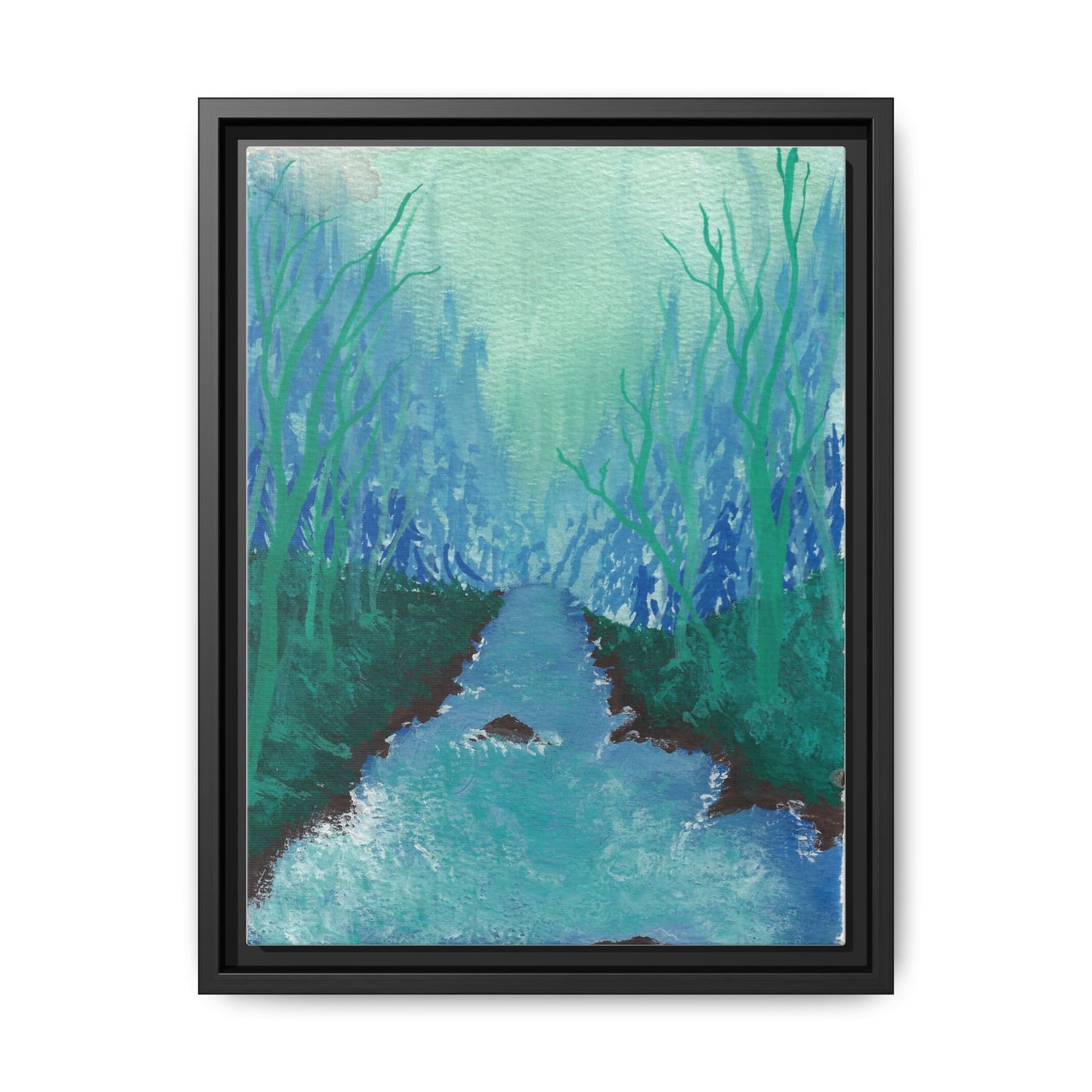 Framed Matte Canvas — Teal Forest River Landscape Wall Art