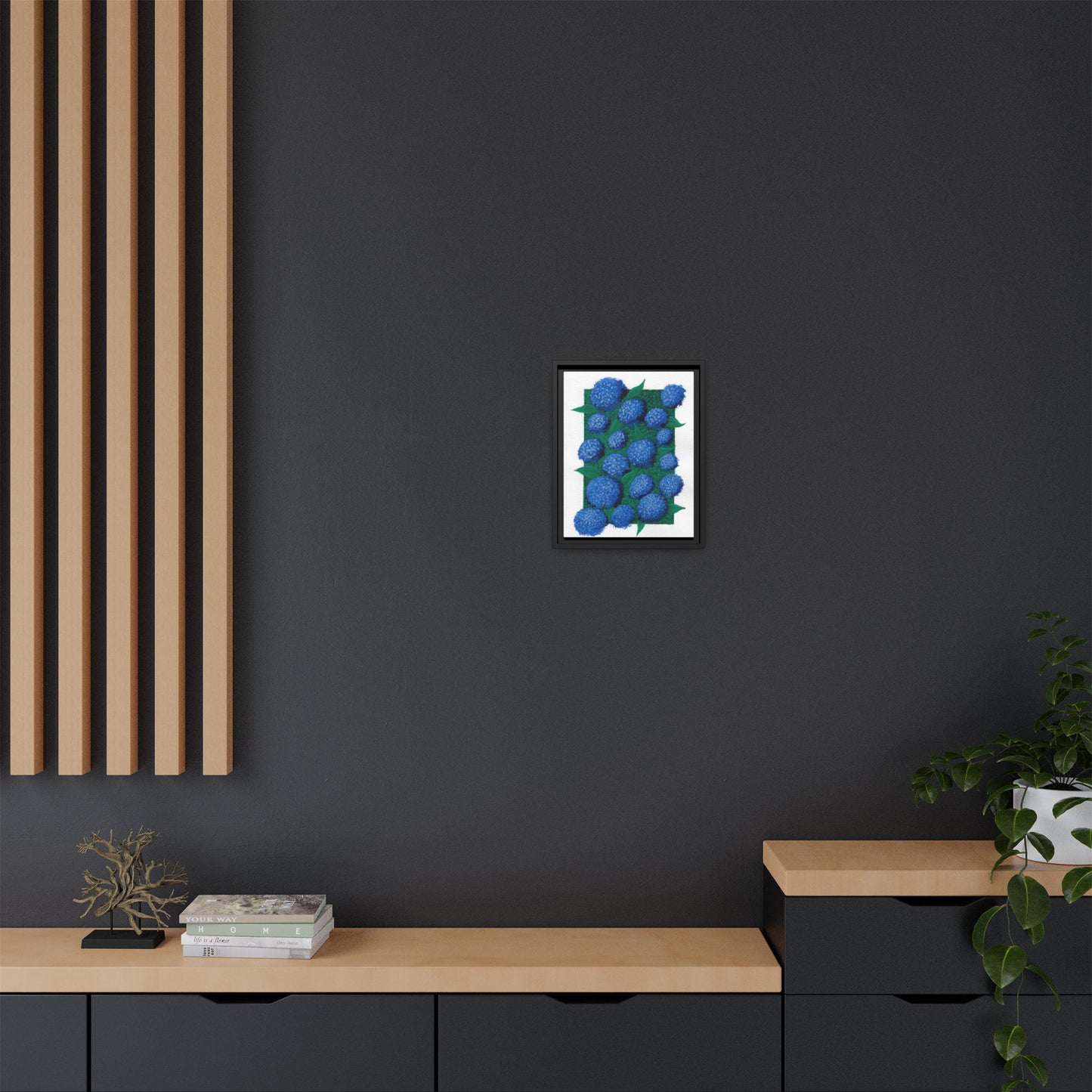 Framed Hydrangea Matte Canvas Print — Blue Floral Wall Art