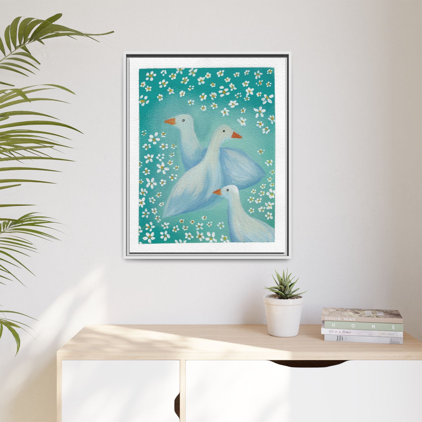 Framed Goose Canvas Print — Whimsical Floral Waterfowl Wall Art