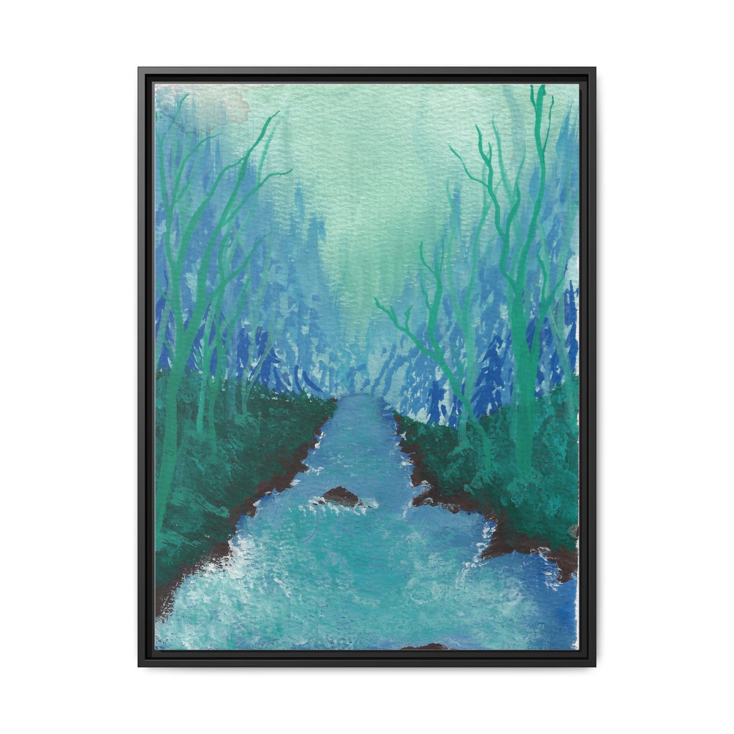 Framed Matte Canvas — Teal Forest River Landscape Wall Art