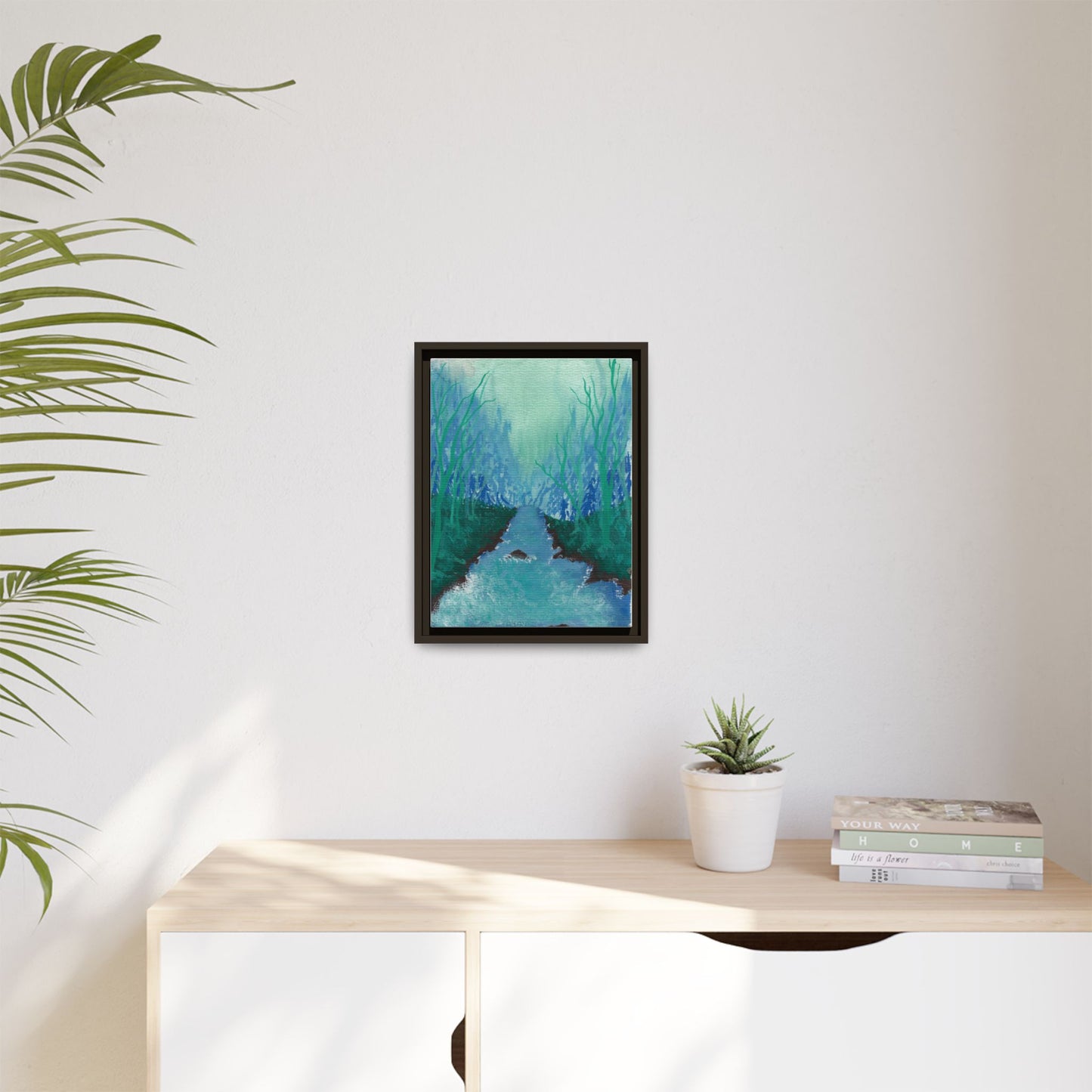 Framed Matte Canvas — Teal Forest River Landscape Wall Art
