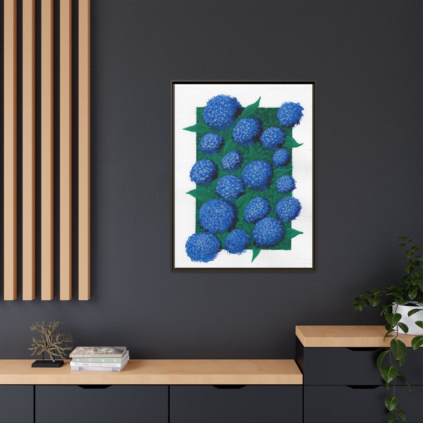 Framed Hydrangea Matte Canvas Print — Blue Floral Wall Art