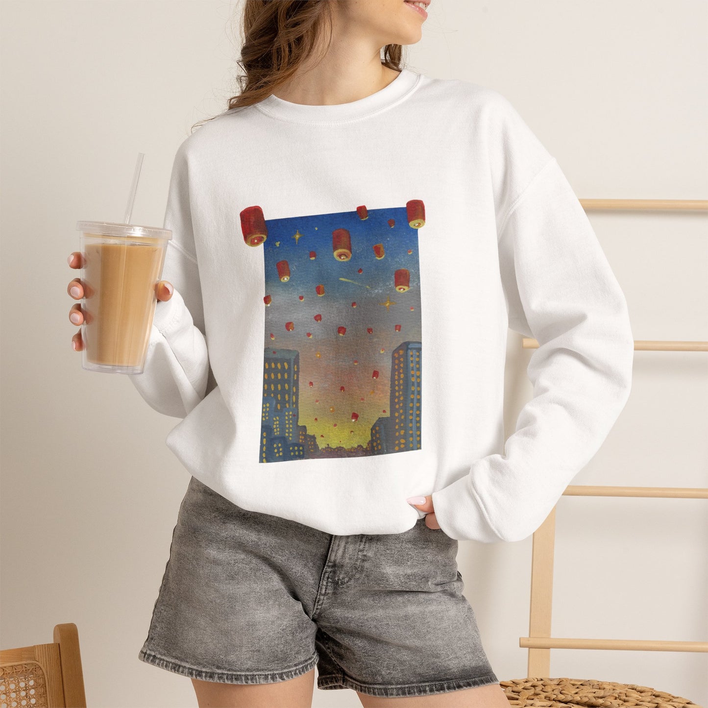 Lantern Festival Crewneck Sweatshirt — Sky of Floating Lanterns Graphic