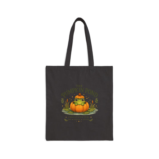Pumpkin Pond Cotton Tote Bag — Cute Fall Pumpkin Frog Illustration
