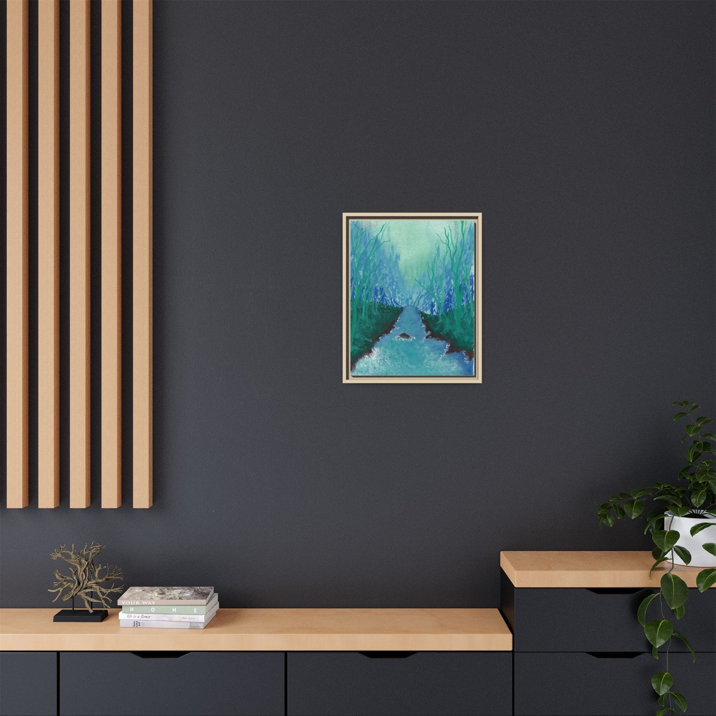 Framed Matte Canvas — Teal Forest River Landscape Wall Art