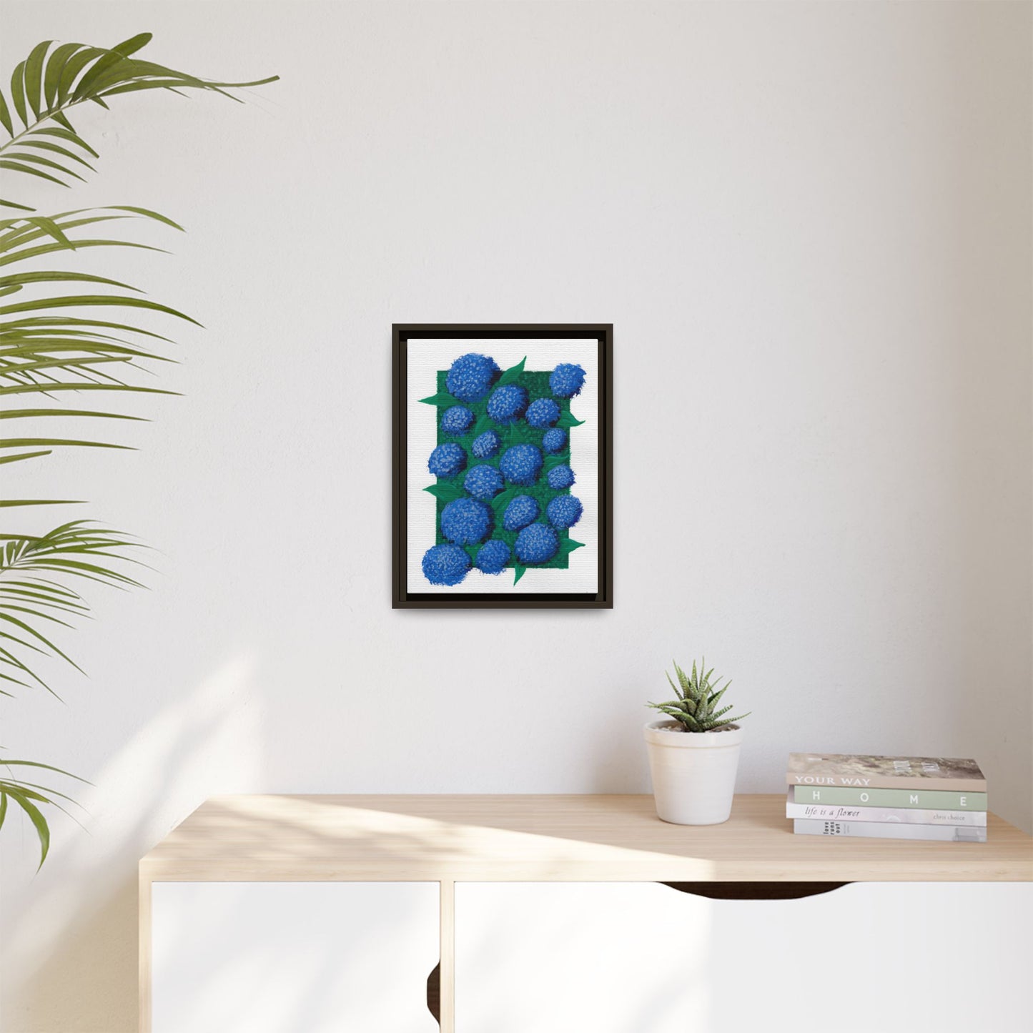 Framed Hydrangea Matte Canvas Print — Blue Floral Wall Art