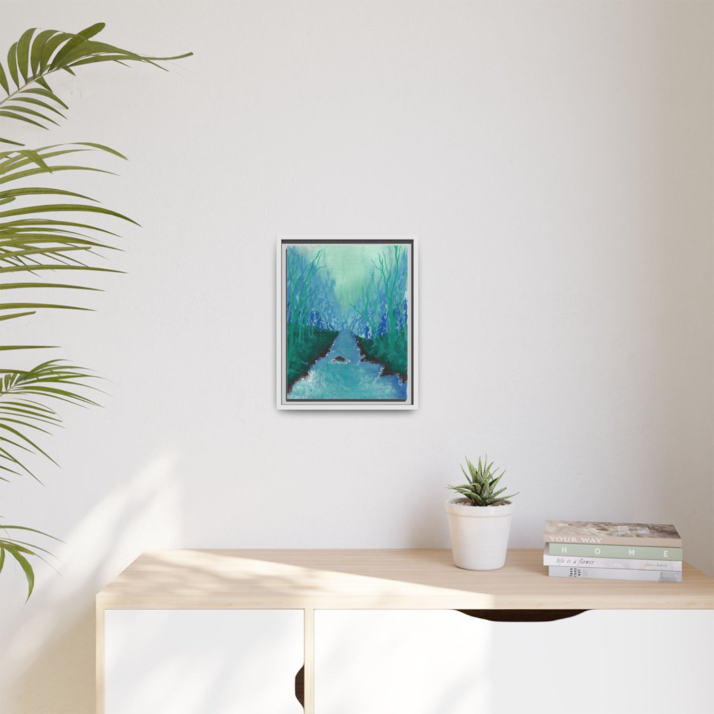 Framed Matte Canvas — Teal Forest River Landscape Wall Art