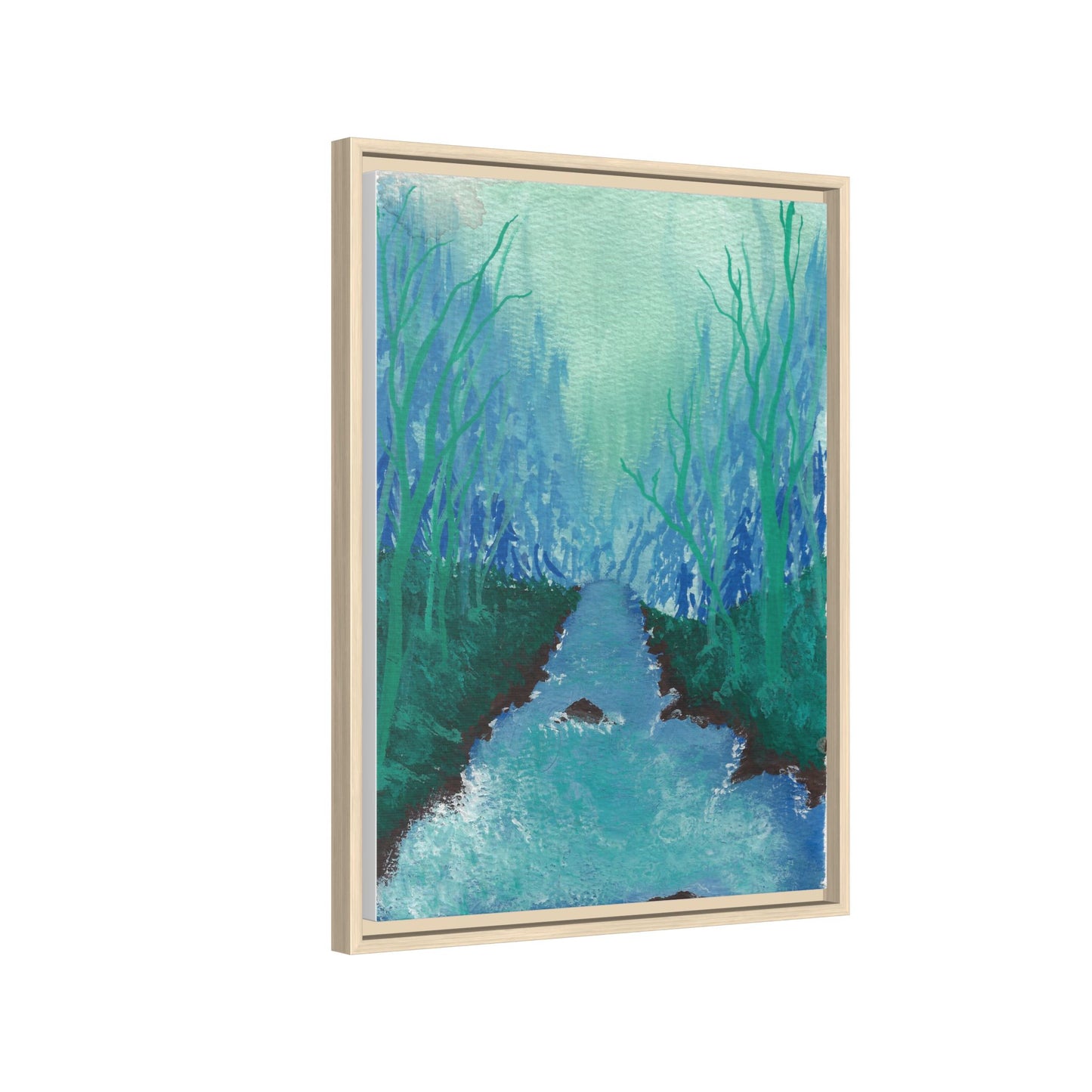 Framed Matte Canvas — Teal Forest River Landscape Wall Art