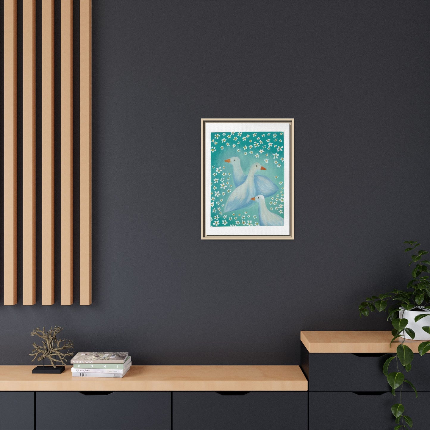 Framed Goose Canvas Print — Whimsical Floral Waterfowl Wall Art
