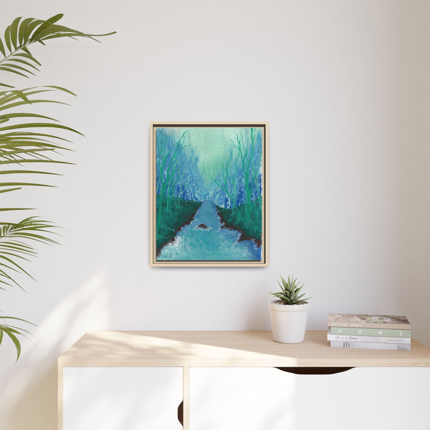 Framed Matte Canvas — Teal Forest River Landscape Wall Art