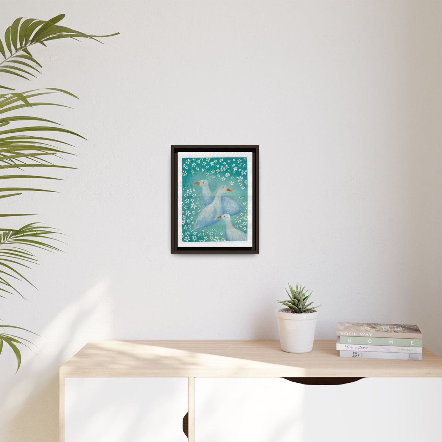 Framed Goose Canvas Print — Whimsical Floral Waterfowl Wall Art