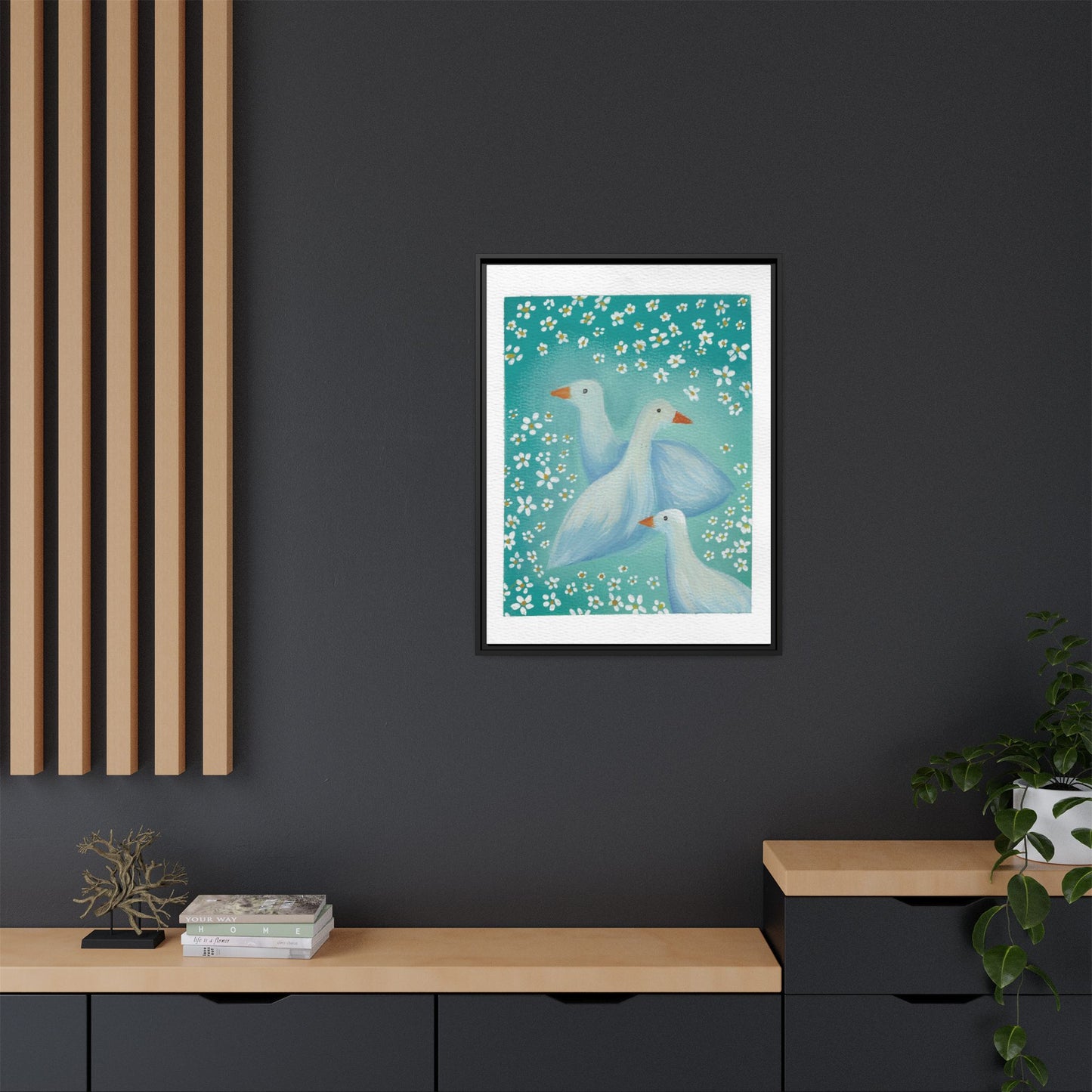 Framed Goose Canvas Print — Whimsical Floral Waterfowl Wall Art