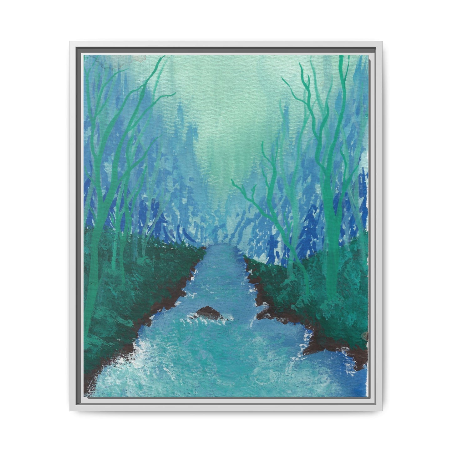 Framed Matte Canvas — Teal Forest River Landscape Wall Art