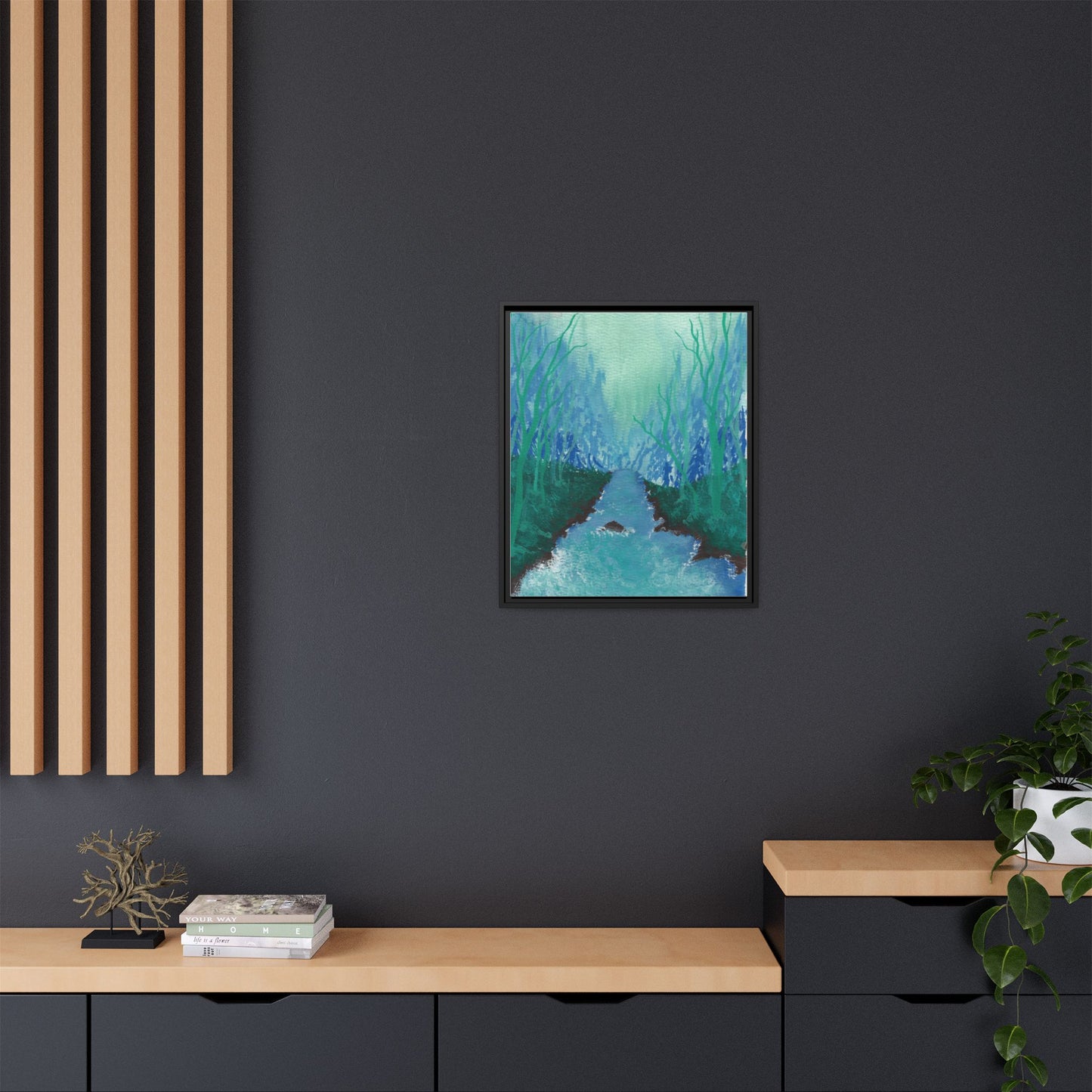Framed Matte Canvas — Teal Forest River Landscape Wall Art