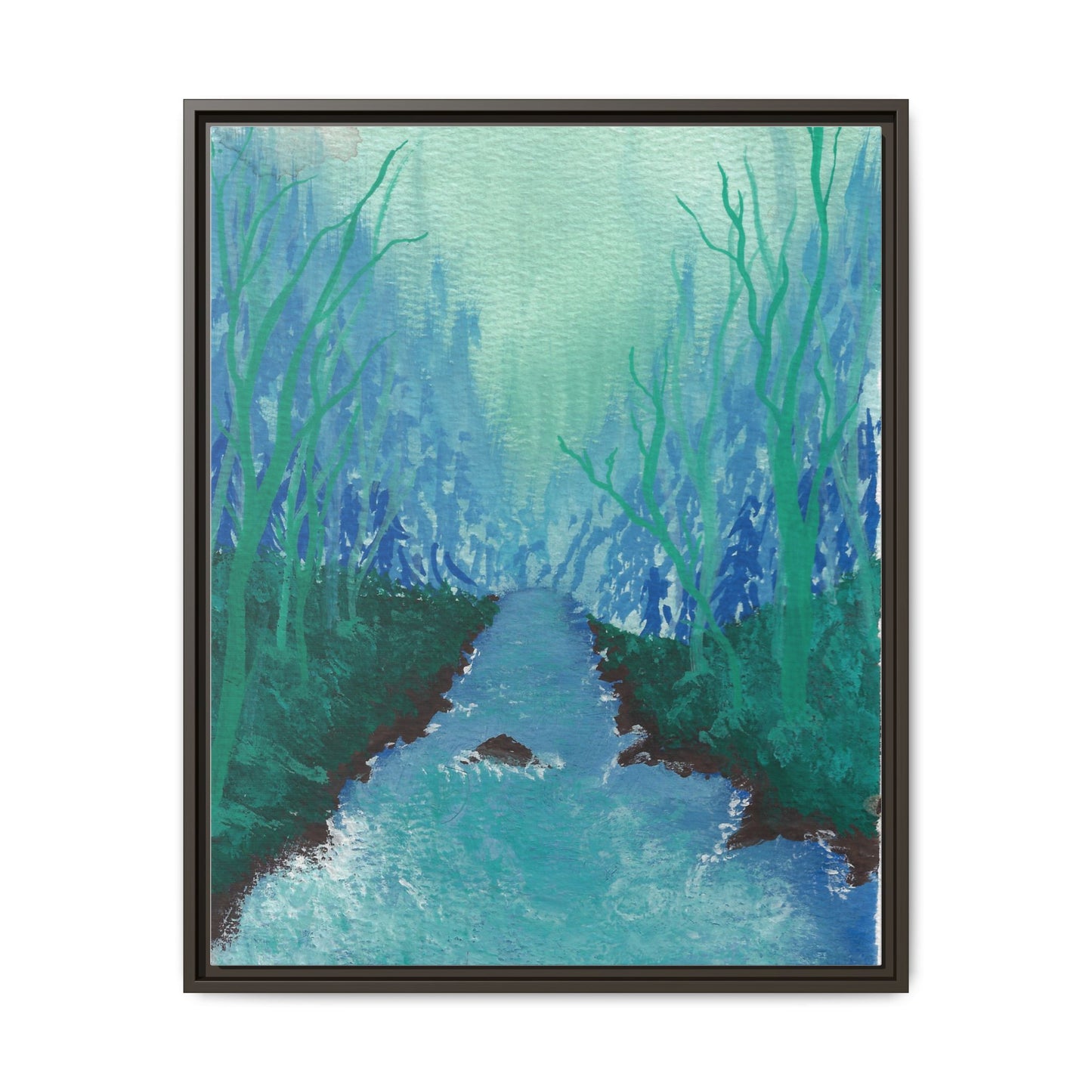 Framed Matte Canvas — Teal Forest River Landscape Wall Art