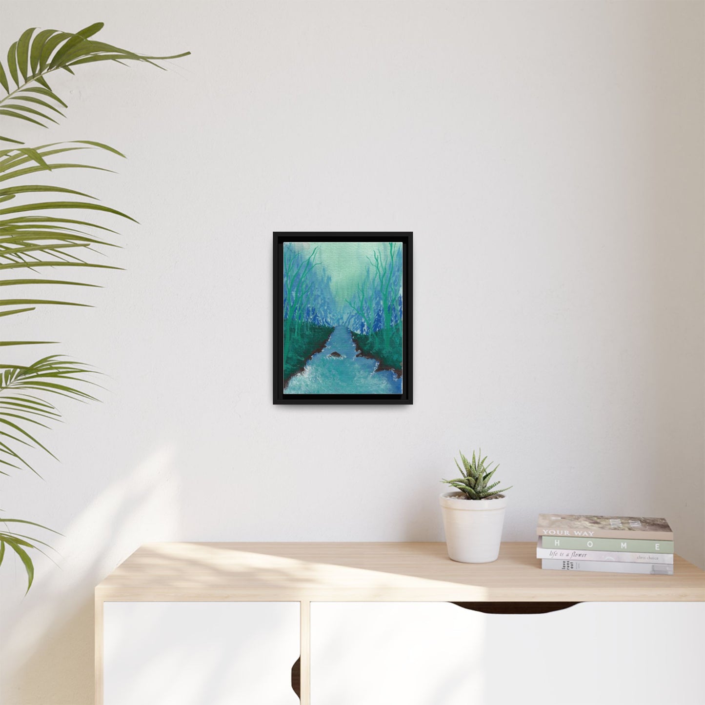 Framed Matte Canvas — Teal Forest River Landscape Wall Art