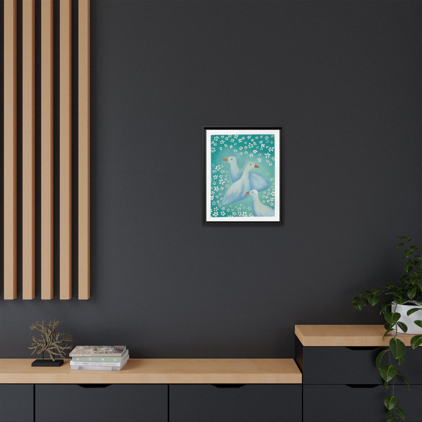 Framed Goose Canvas Print — Whimsical Floral Waterfowl Wall Art
