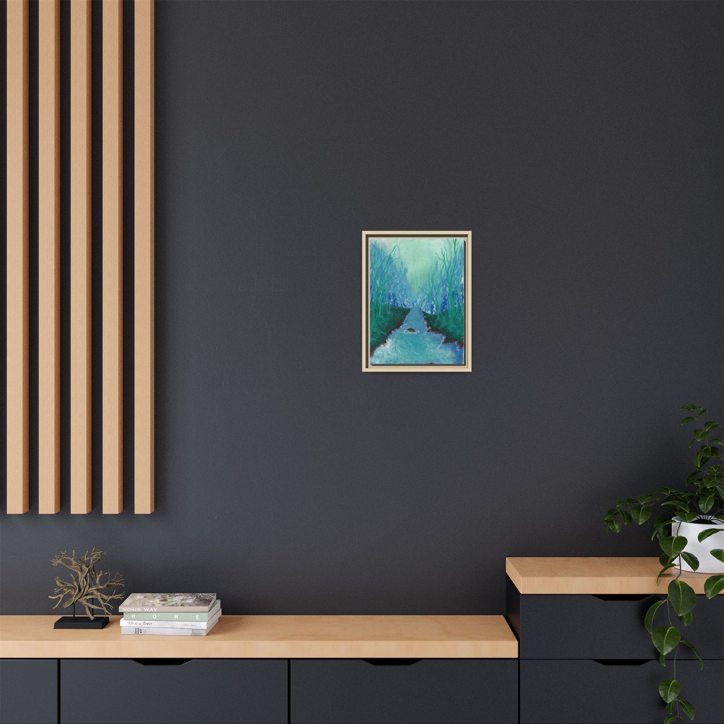 Framed Matte Canvas — Teal Forest River Landscape Wall Art
