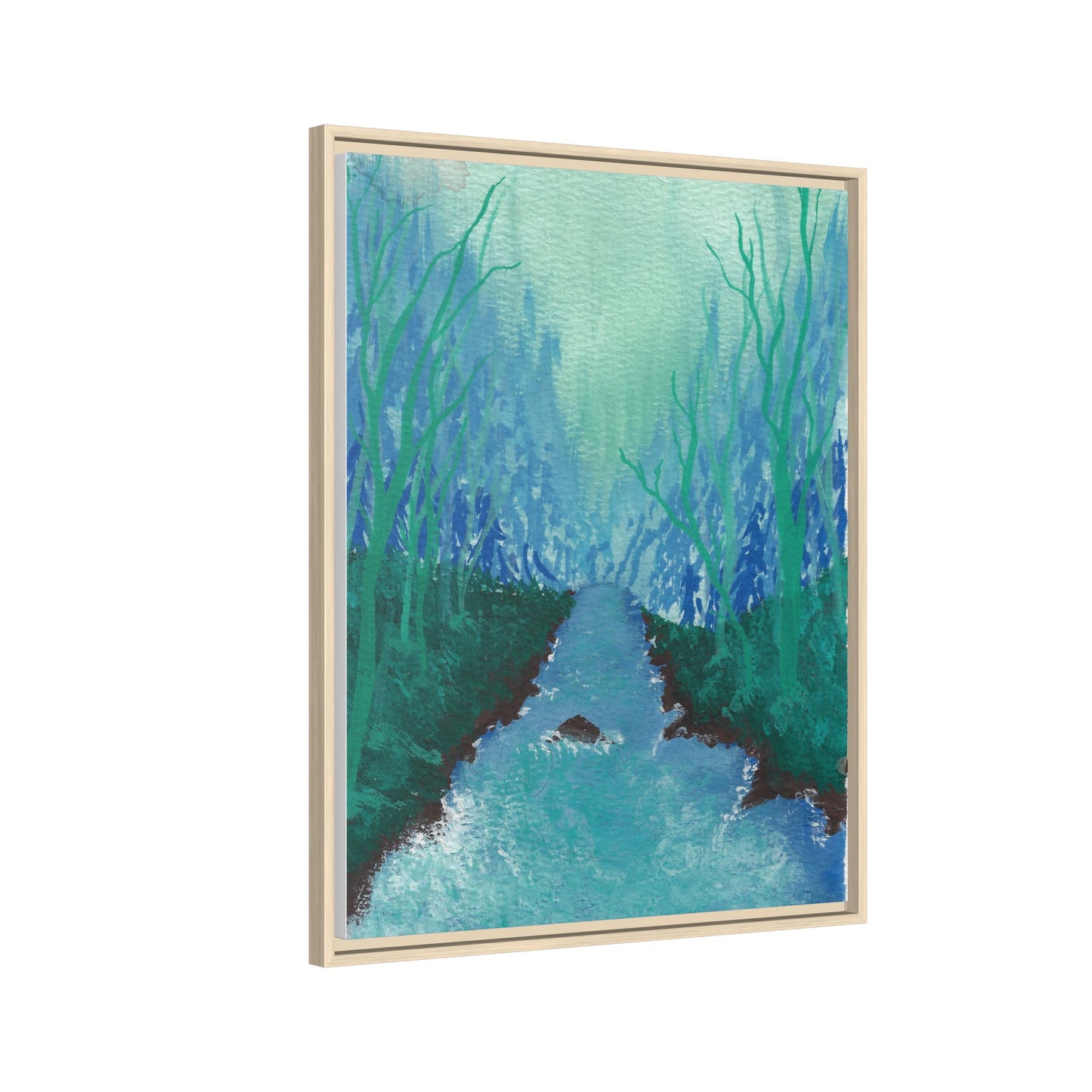 Framed Matte Canvas — Teal Forest River Landscape Wall Art