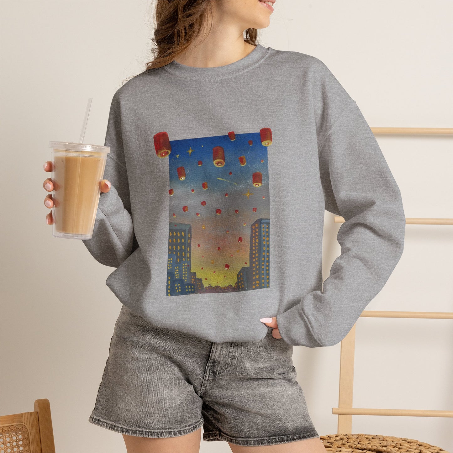Lantern Festival Crewneck Sweatshirt — Sky of Floating Lanterns Graphic