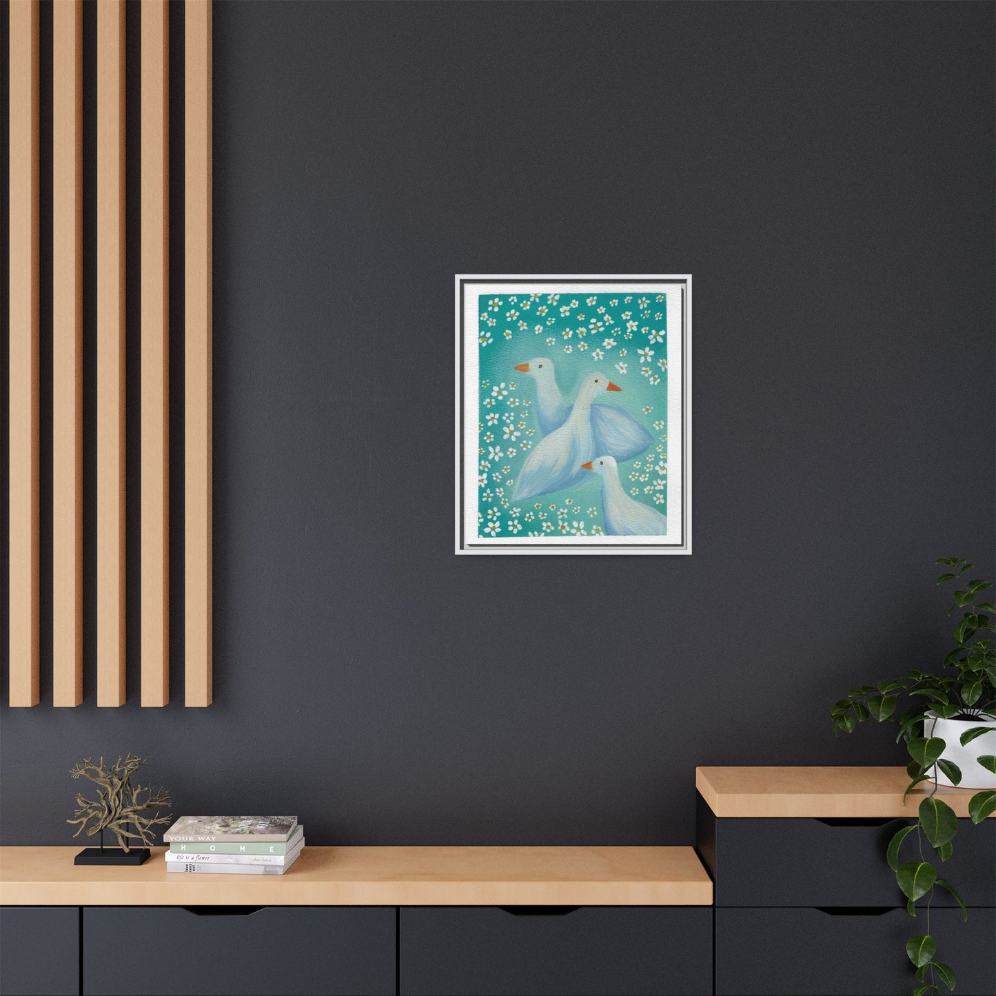 Framed Goose Canvas Print — Whimsical Floral Waterfowl Wall Art
