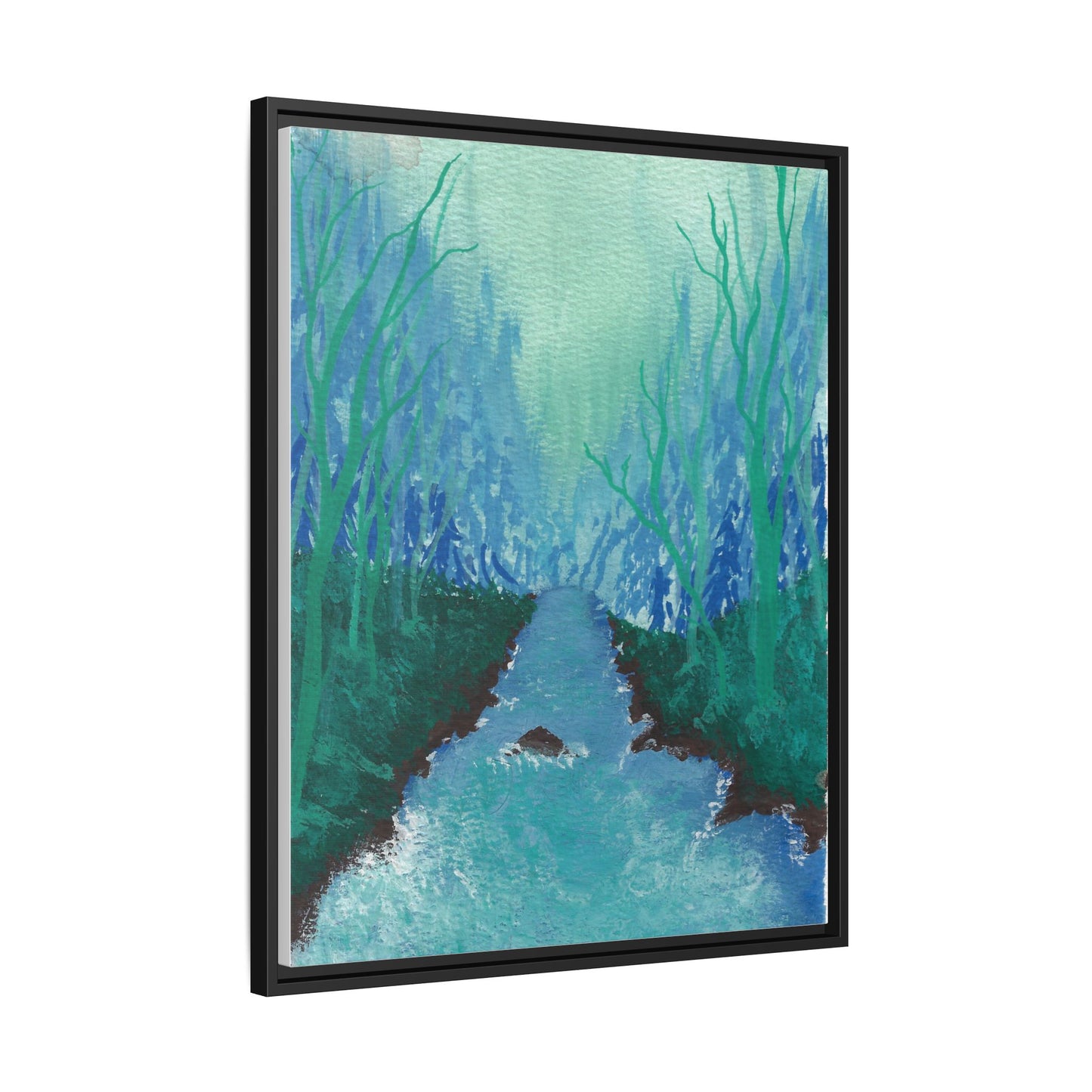 Framed Matte Canvas — Teal Forest River Landscape Wall Art