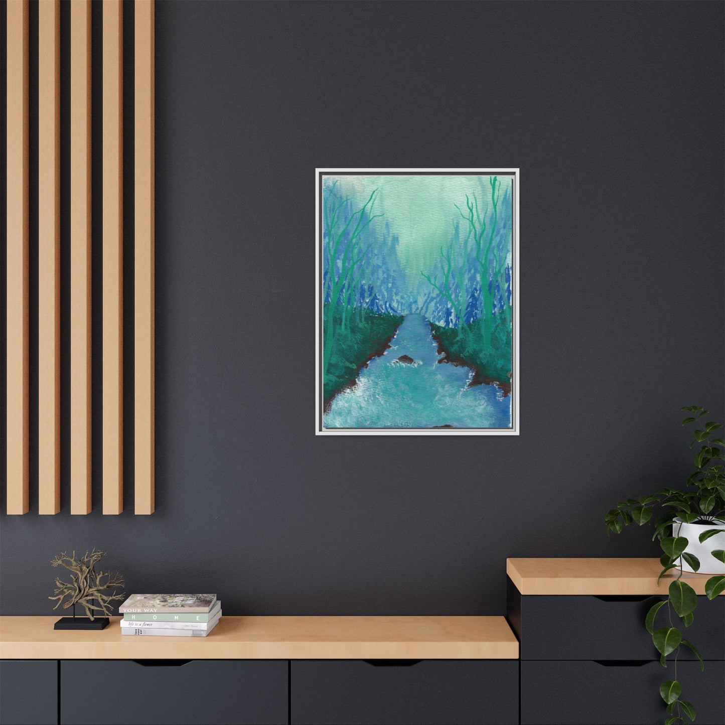 Framed Matte Canvas — Teal Forest River Landscape Wall Art