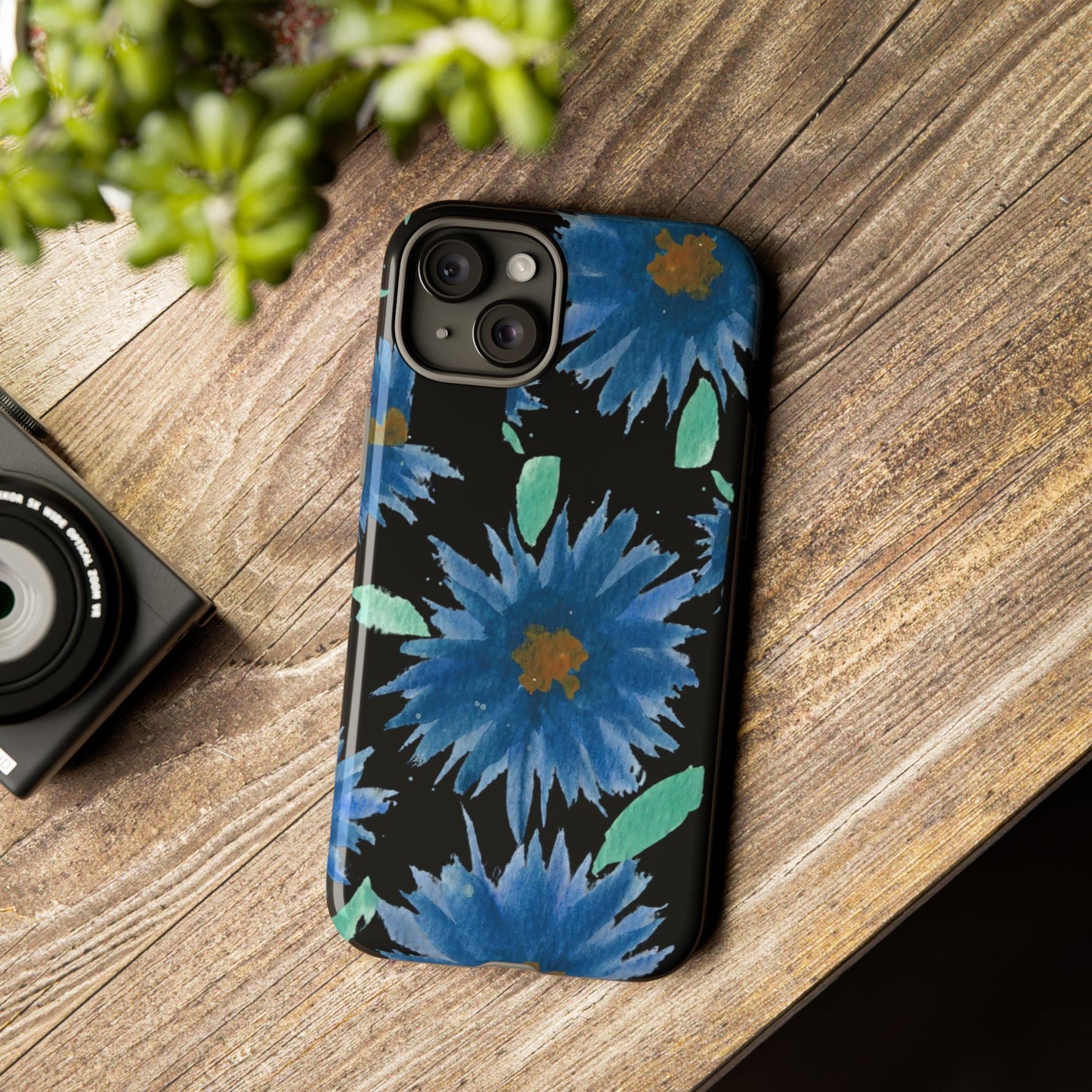 Blue Floral Tough Phone Case – Watercolor Daisy Protective Cover