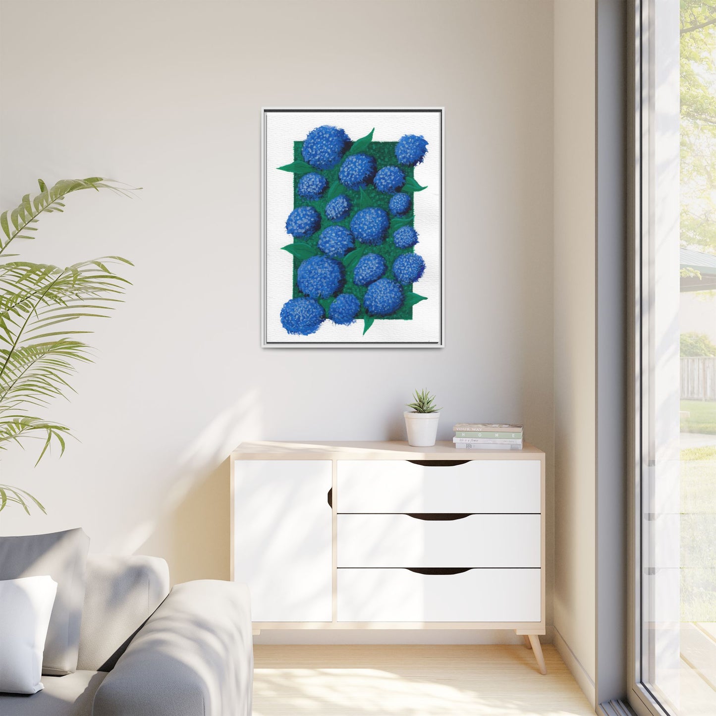 Framed Hydrangea Matte Canvas Print — Blue Floral Wall Art