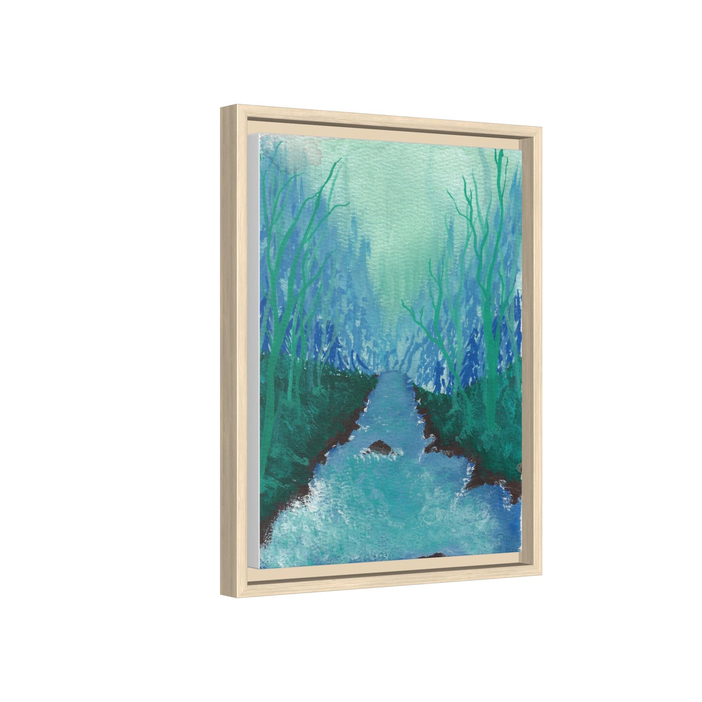 Framed Matte Canvas — Teal Forest River Landscape Wall Art