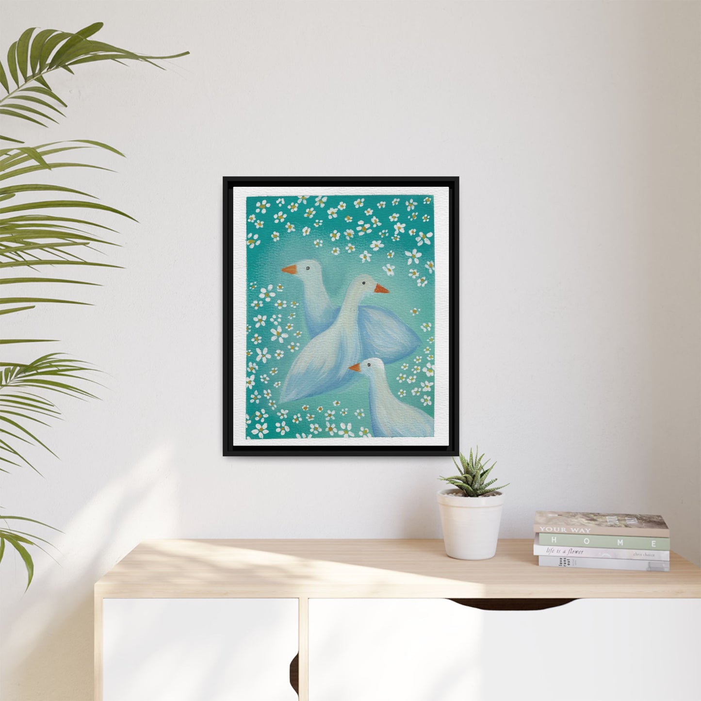 Framed Goose Canvas Print — Whimsical Floral Waterfowl Wall Art