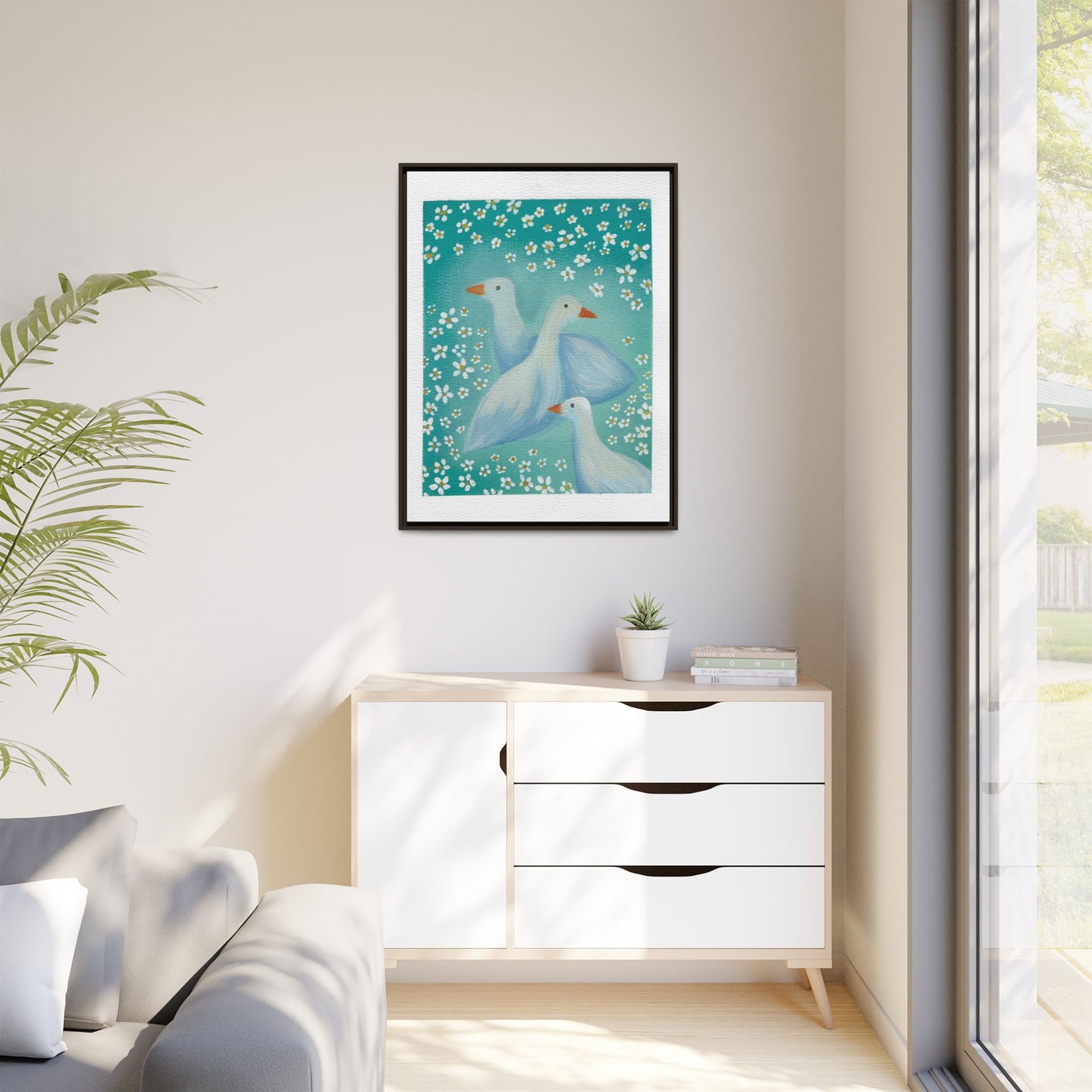 Framed Goose Canvas Print — Whimsical Floral Waterfowl Wall Art