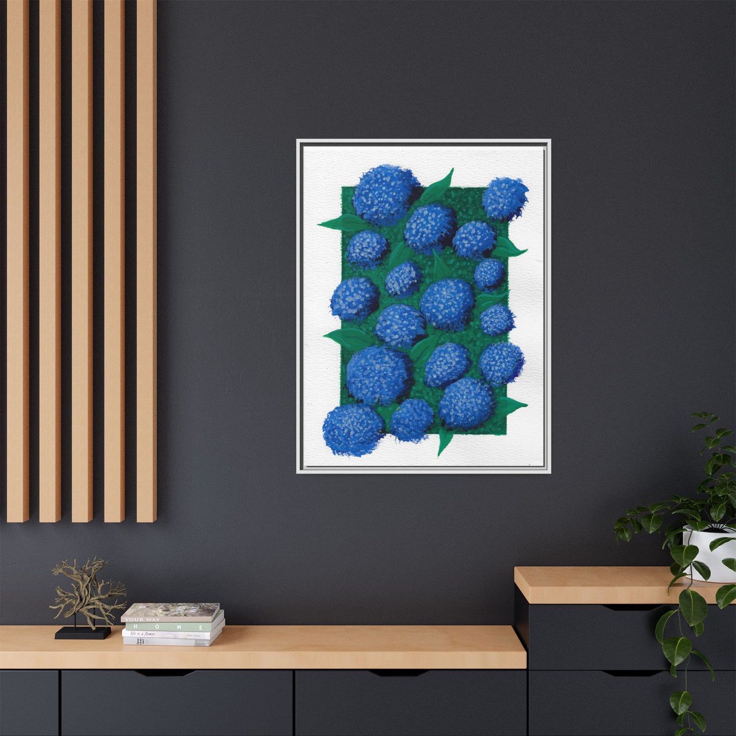 Framed Hydrangea Matte Canvas Print — Blue Floral Wall Art