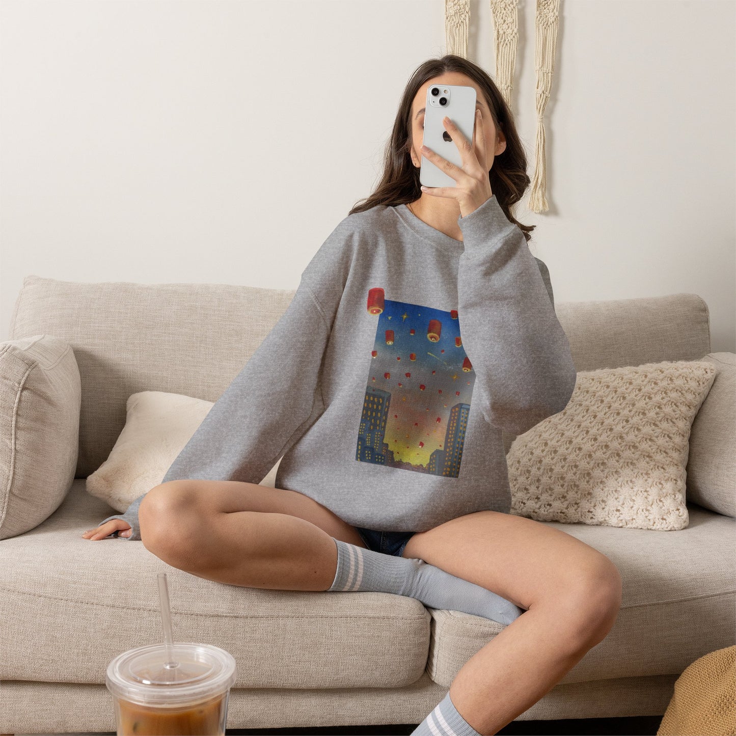 Lantern Festival Crewneck Sweatshirt — Sky of Floating Lanterns Graphic