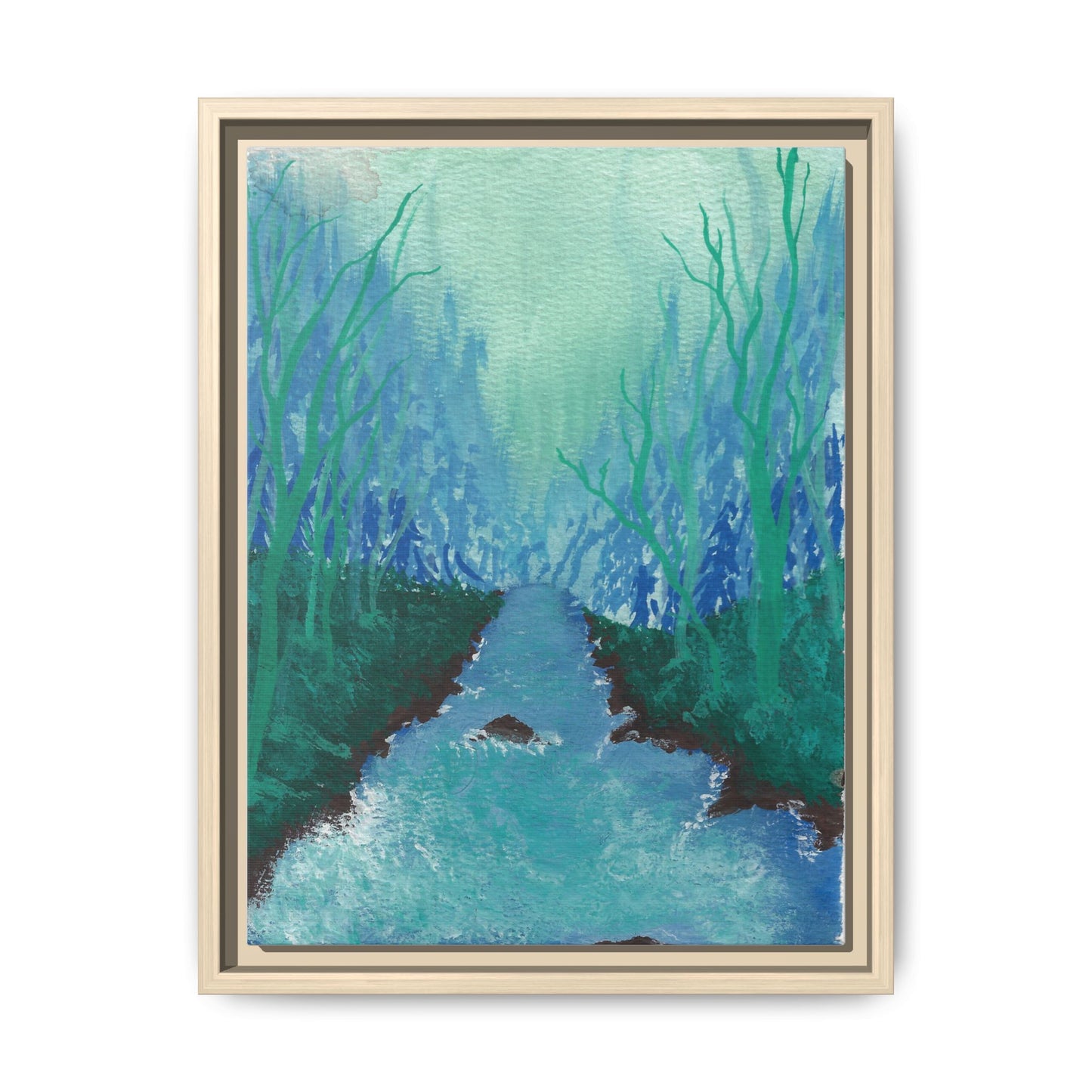 Framed Matte Canvas — Teal Forest River Landscape Wall Art