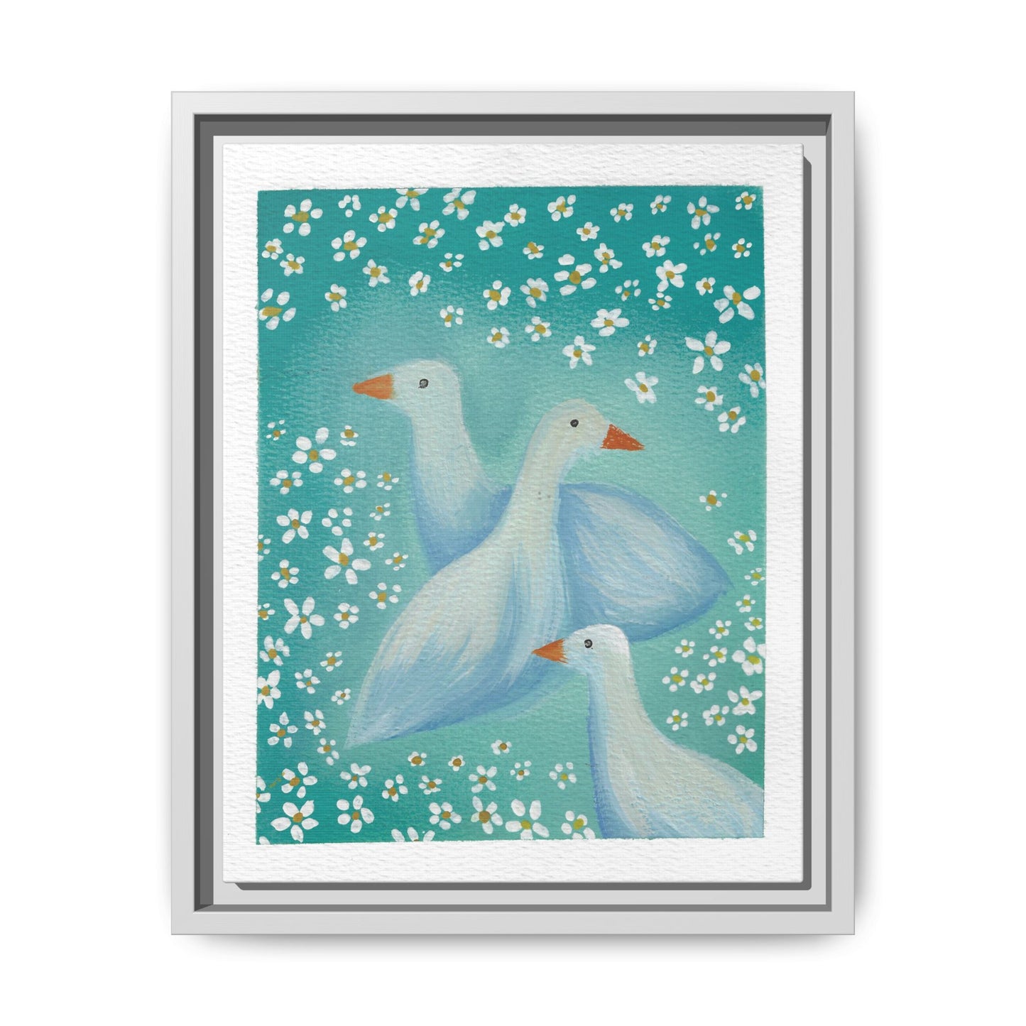 Framed Goose Canvas Print — Whimsical Floral Waterfowl Wall Art