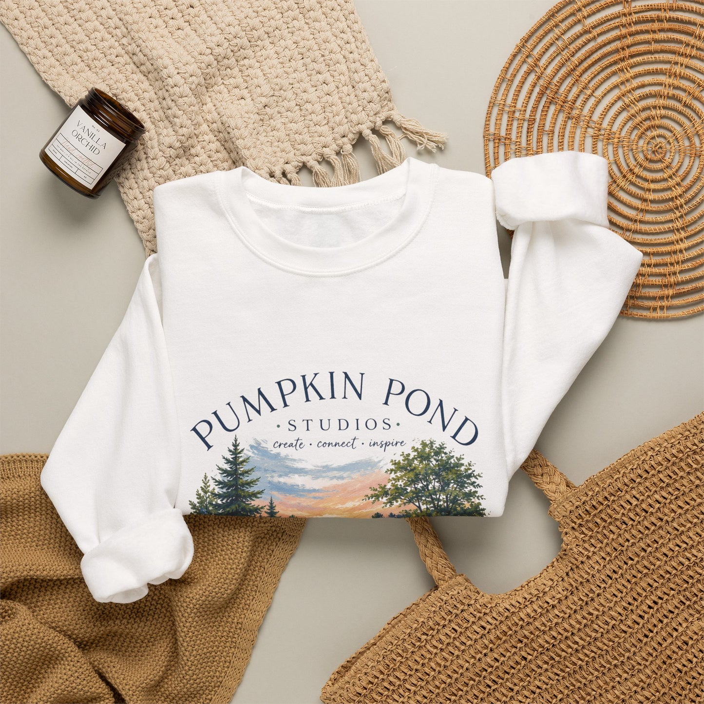Pumpkin Pond Studio Scenic Sweatshirt — 'Pumpkin Pond' Lakeside Graphic Crewneck
