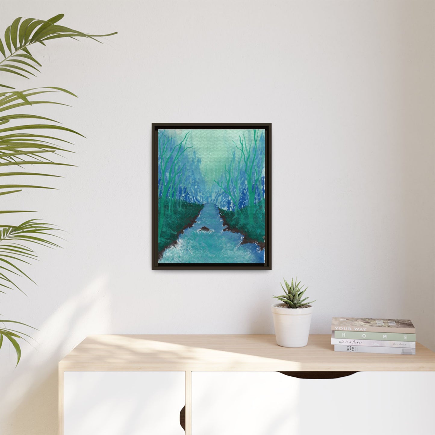 Framed Matte Canvas — Teal Forest River Landscape Wall Art
