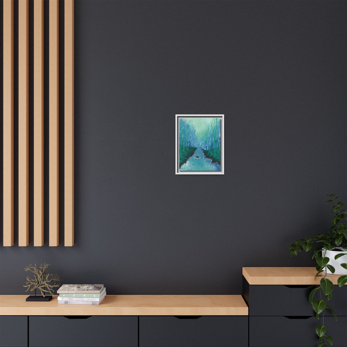 Framed Matte Canvas — Teal Forest River Landscape Wall Art