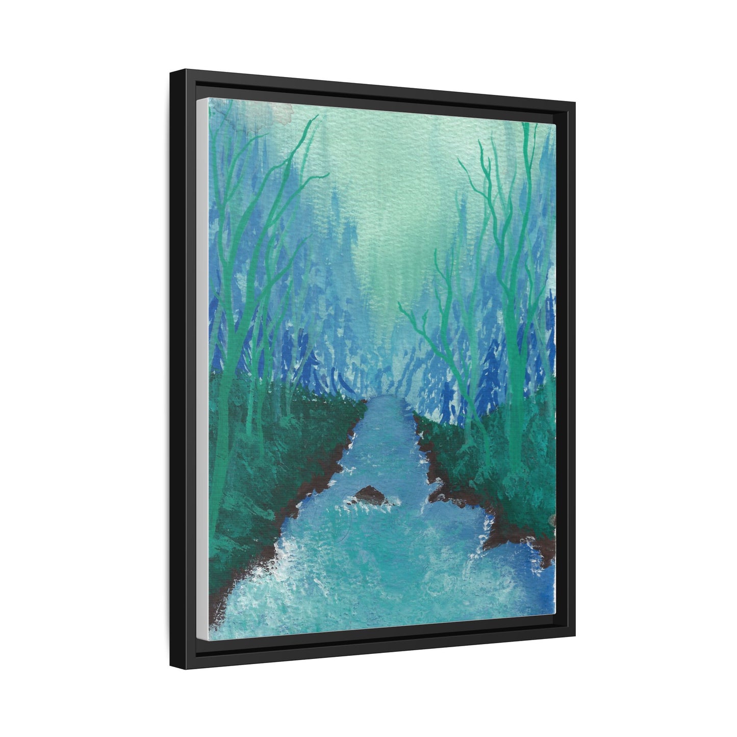 Framed Matte Canvas — Teal Forest River Landscape Wall Art